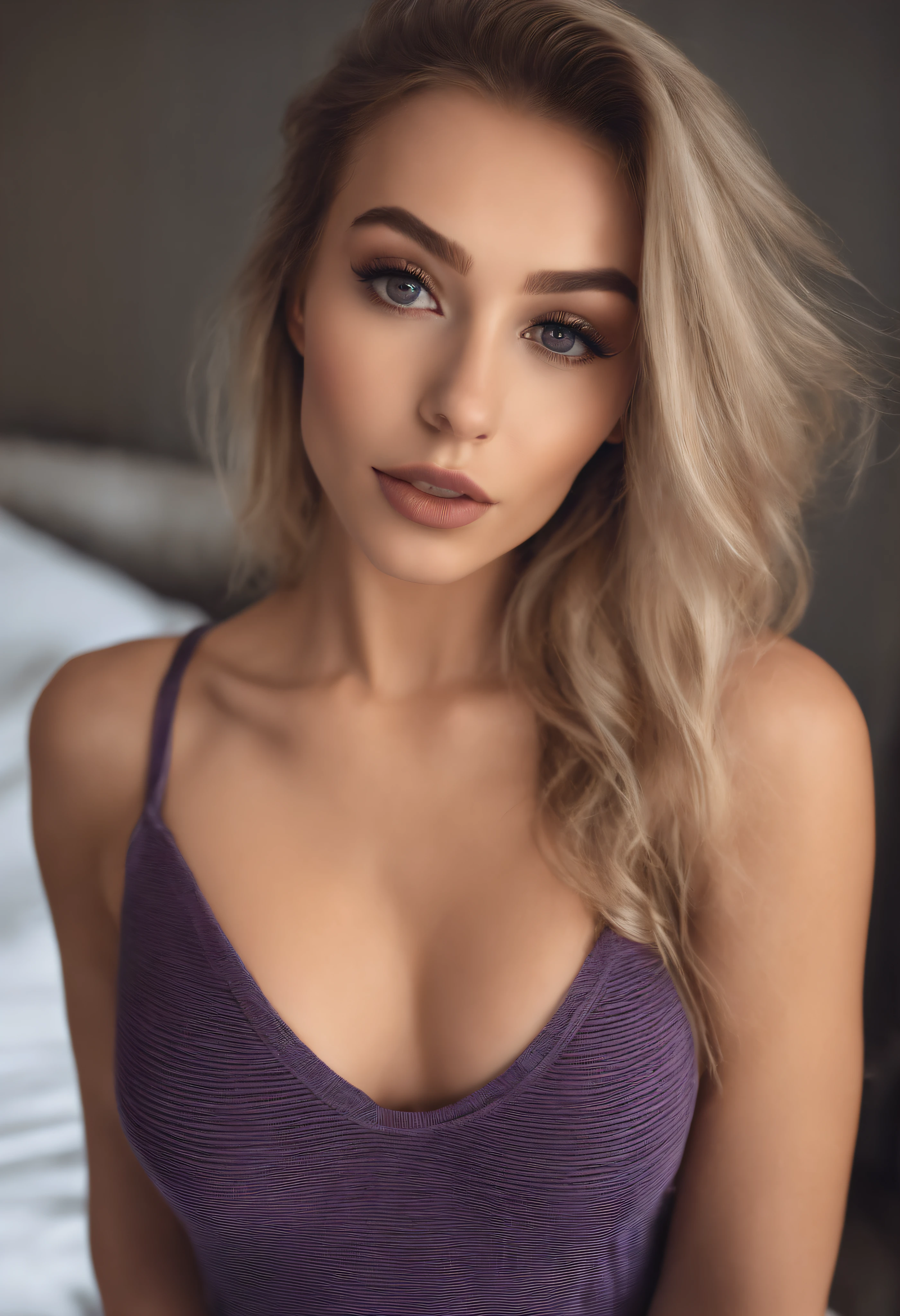 Arafed woman with matching tank top and panties, Sexy girl with brown eyes, portrait sophie mudd, blonde hair and large eyes, Selfie einer jungen Frau, Augen im Schlafzimmer, Violet Myers, ohne Make-up, Natural makeup, Blick direkt in die Kamera, Gesicht mit Artgram, dezentes Make-up, Stunning full body shot, im Schlafzimmer, Spaltung