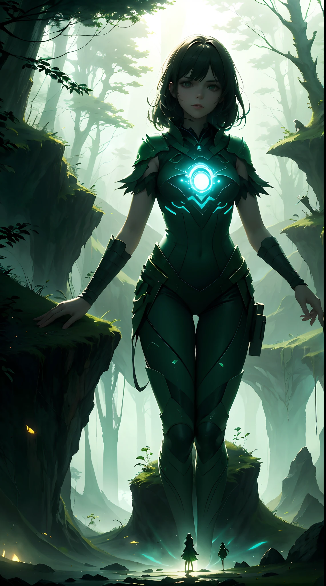 1 20-year-old girl, fairy princess, green clothes, nature clothes, nature panorama, sweet, beauty gril, twin sister.HD lighting and dark )<=(epic image quality)dark atmosphere with bright particle light(many effects in background).