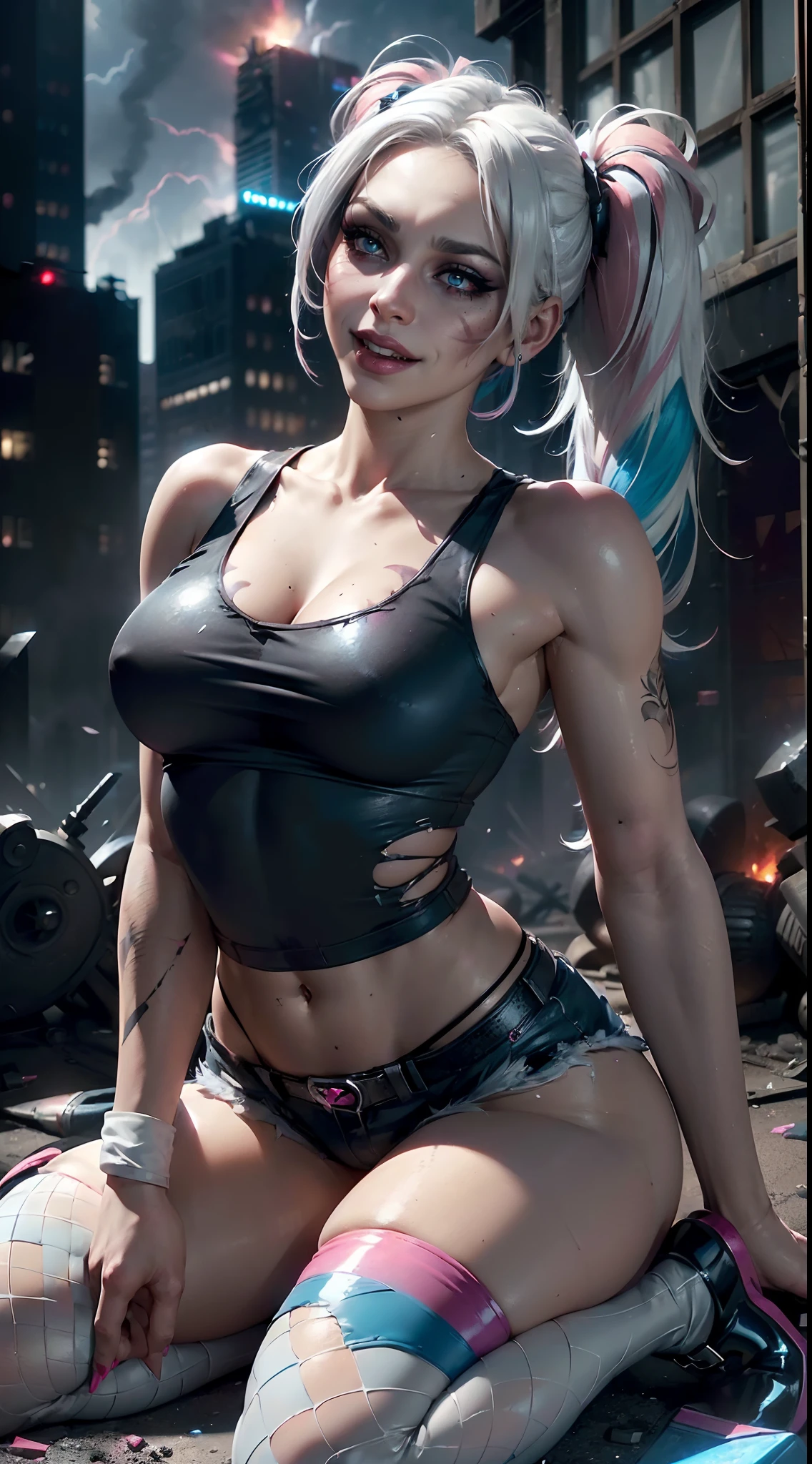 (8k,1080p,realistic skin texture,realistic,masterpiece, best quality,high-res,HDR:1.5), Harley Quinn,crazy,ear pendants,neck lace,((white skin:1.2)),((tattoos:1.2)),((makeup:1.4)),((evil laughing:1.4)),parted lips,beauty,delicate face,beautiful face,perfect face,shiny skin,long eyelashes,(((smoky eyes,eye-shadow:1.3))),((twintails)),((white hair,blue pink white highlights hair:1.4)),((black coat,white tank top:1.3,short shorts,fishnet thighs stockings:1.2))),(torn clothes:1.2),clawed hands, bright eyes,((red lipstick)),D-Cup breasts,slim waist,wide hips,bubble butt, ((in the Gotham city,ruined city,high detailed background:1.2)),((explosion everywhere:1.3)),(((warfire everywhere))),Helicopters flying in the sky,bright lighting,bright colors,film filter,alluring,sultry pose,dynamic shot,((dirty on skin)),labret