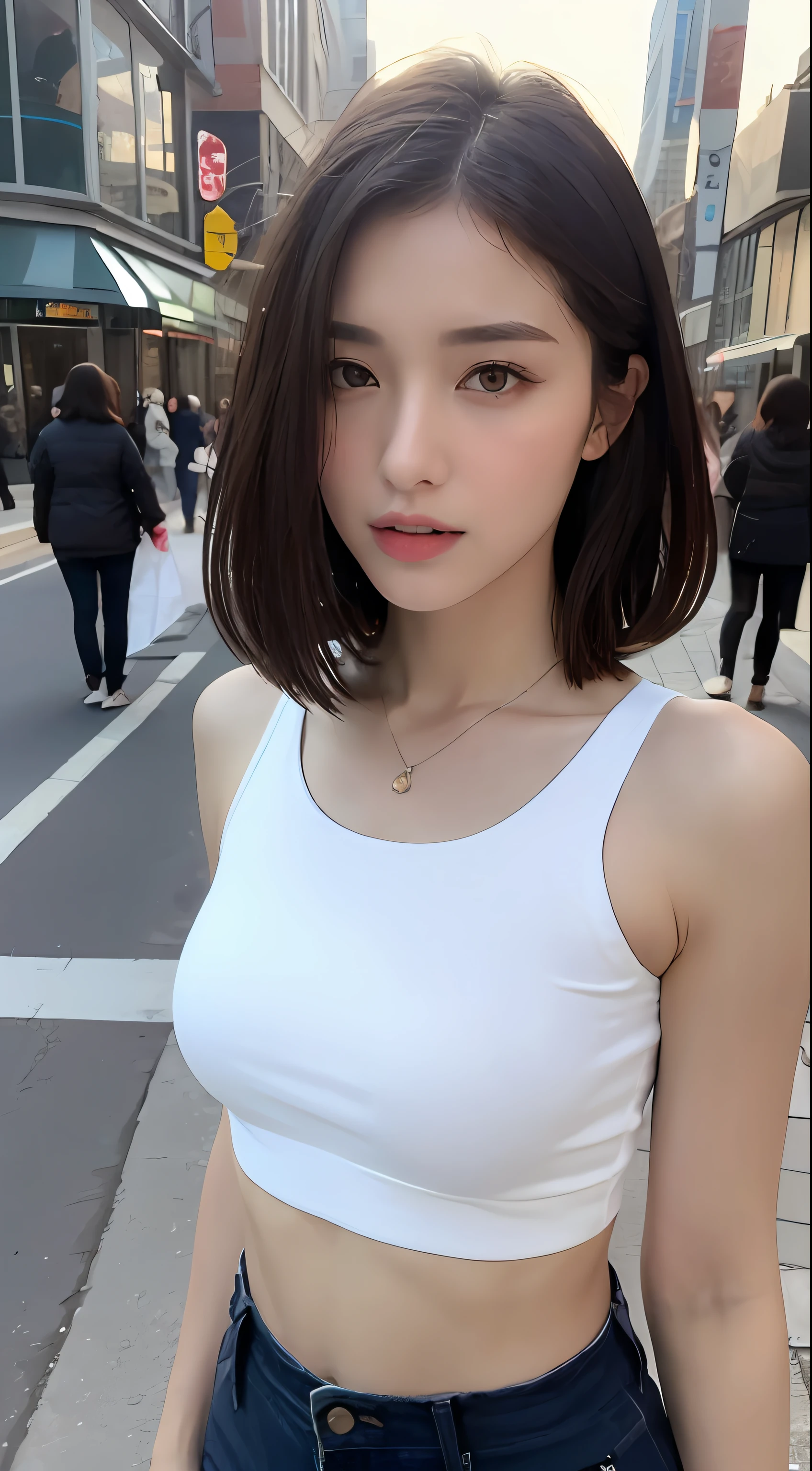 ((Realistic lighting, Best quality, 8K, Masterpiece: 1.3)), Clear focus: 1.2, 1girl, Perfect Figure: 1.4, Slim Abs: 1.1, ((Dark brown hair)), (White crop top: 1.4), (Outdoor, Night: 1.1), City streets, Super fine face, Fine eyes, Double eyelids,