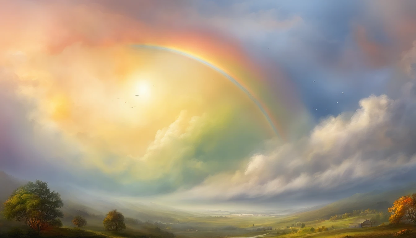 rainbow in the sky,Thick clouds,Bright colors,lens flare glow,super-fine,Hyper-realistic,Ultra photo realsisim,8K分辨率,ultra HD wallpaper,oc rendered,super wide shot,dynamic viewing angle