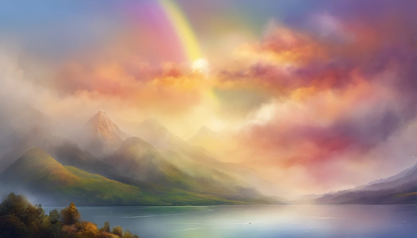 rainbow in the sky，Thick clouds，Bright colors，lens flare glow，super-fine，Hyper-realistic，Ultra photo realsisim，8K分辨率，ultra HD wallpaper，oc rendered，super wide shot，dynamic viewing angle