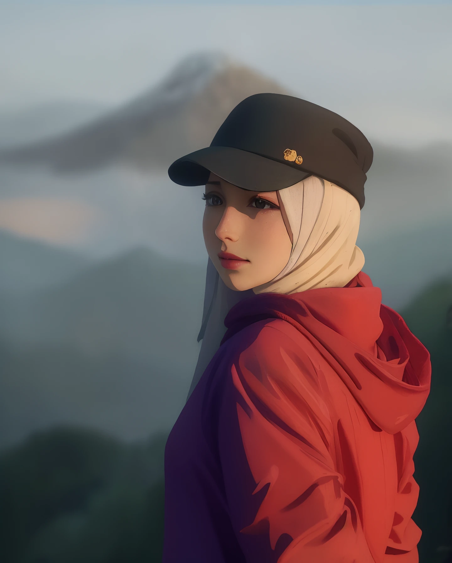 1 Beautiful girl, happy, mountain peak, beautiful forest, beautiful nature, nice details, Bright Sunny Day, wearing a black hat, white hijab, wearing a headscarf, hair covered with a hijab/veil, back turned, face facing the audience, beautiful eyes, sharp nose, wearing rainproof jacket, red jacket, (Masterpiece: 1.2) (Realistic: 1.2) (Bokeh) (Best Quality) (Skin Detail: 1.3) (Intricate Detail) (8K) (Eye Detail) (sharp focus), (Happy)