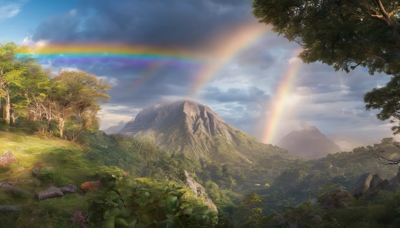 rainbow in the sky，Thick clouds，Bright colors，lens flare glow，super-fine，Hyper-realistic，Ultra photo realsisim，8K分辨率，ultra HD wallpaper，oc rendered，super wide shot，dynamic viewing angle
