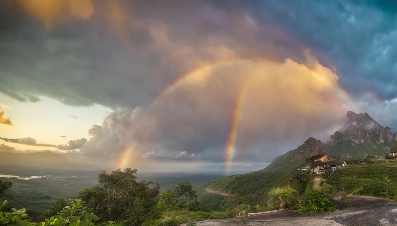 rainbow in the sky，Thick clouds，Bright colors，lens flare glow，super-fine，Hyper-realistic，Ultra photo realsisim，8K分辨率，ultra HD wallpaper，oc rendered，super wide shot，dynamic viewing angle
