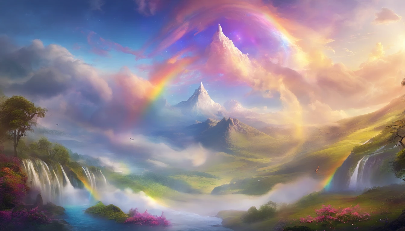 rainbow in the sky,Thick clouds,Bright colors,lens flare glow,super-fine,Hyper-realistic,Ultra photo realsisim,8K分辨率,ultra HD wallpaper,oc rendered,super wide shot,dynamic viewing angle