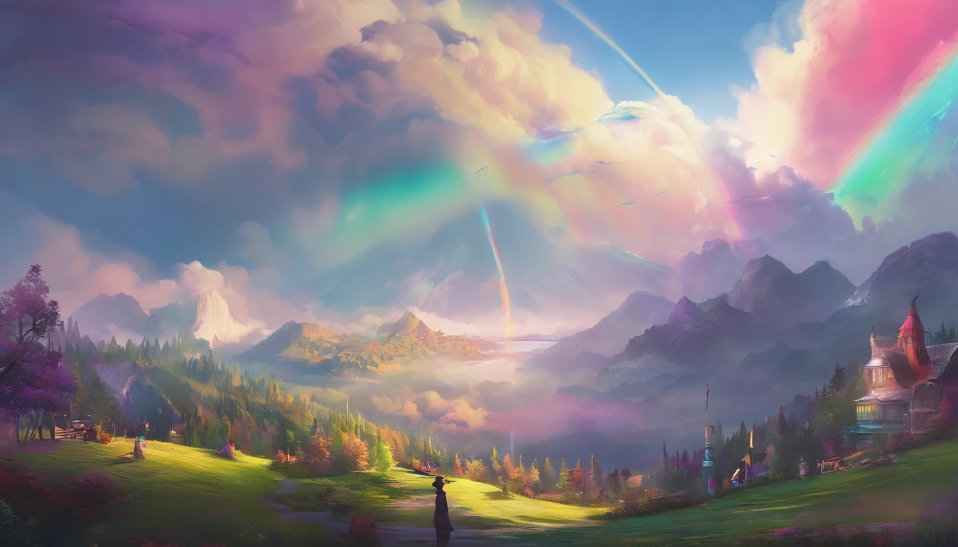 rainbow in the sky,Thick clouds,Bright colors,lens flare glow,super-fine,Hyper-realistic,Ultra photo realsisim,8K分辨率,ultra HD wallpaper,oc rendered,super wide shot,dynamic viewing angle