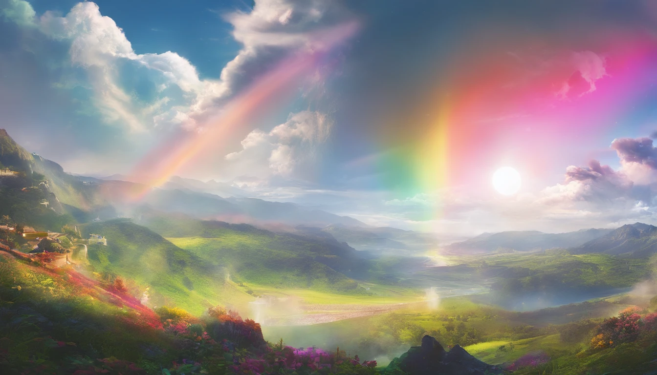 rainbow in the sky,Thick clouds,Bright colors,lens flare glow,super-fine,Hyper-realistic,Ultra photo realsisim,8K分辨率,ultra HD wallpaper,oc rendered,super wide shot,dynamic viewing angle
