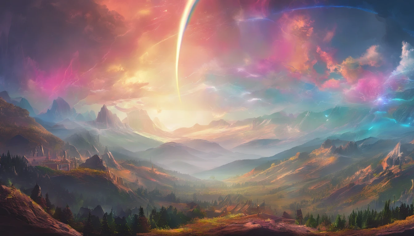 rainbow in the sky,Thick clouds,Bright colors,lens flare glow,super-fine,Hyper-realistic,Ultra photo realsisim,8K分辨率,ultra HD wallpaper,oc rendered,super wide shot,dynamic viewing angle