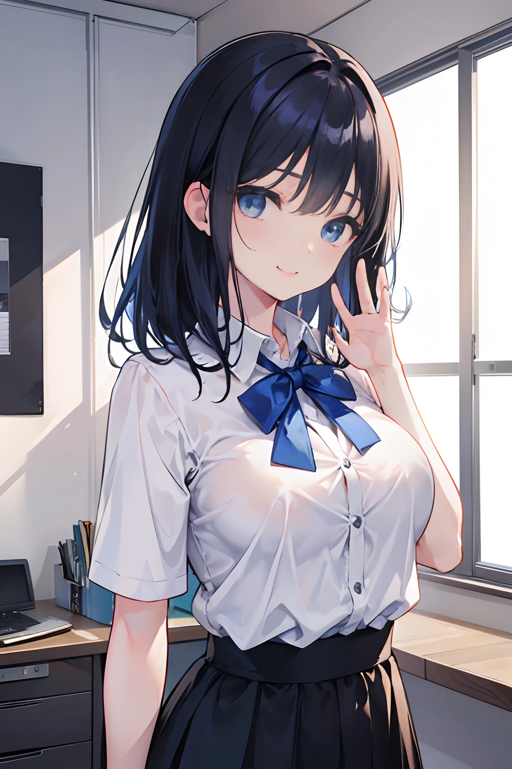beautiful a girl、Medium Hair、friendly、cute little、Black skirt、Blue eyes、Colossal tits、Colossal tits、Colossal tits、Top image quality、ssex、tongue、Whip whip、embarrassed from、cool lady、Office Casual、working adults、the kiss、suki、A dark-haired、Blue Inner Color、AHE Face、large boob、Clothes buttons are closed、I can't see the chest、Close your chest with your arms in front of you、gently smiling、smil、Wearing a white shirt、s Office、a smile、Waving hands