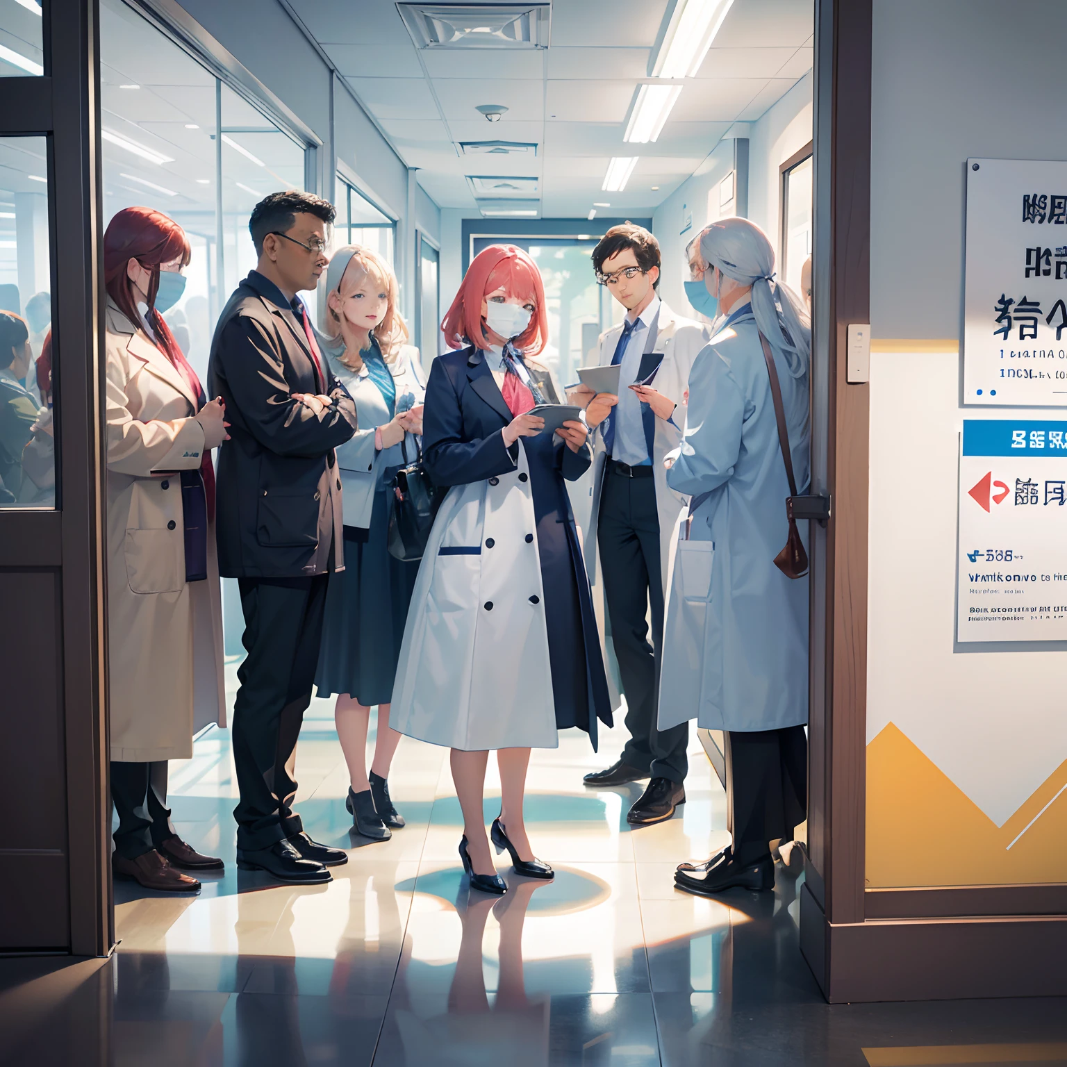 image where a diverse group of individuals is standing in line, each person holding a unique DNA helix. At the front of the line, there's a healthcare insurance provider's office with a large sign that reads "Genetic Testing Required for Coverage." Some people are being granted access based on their genetic makeup, while others are turned away. --auto