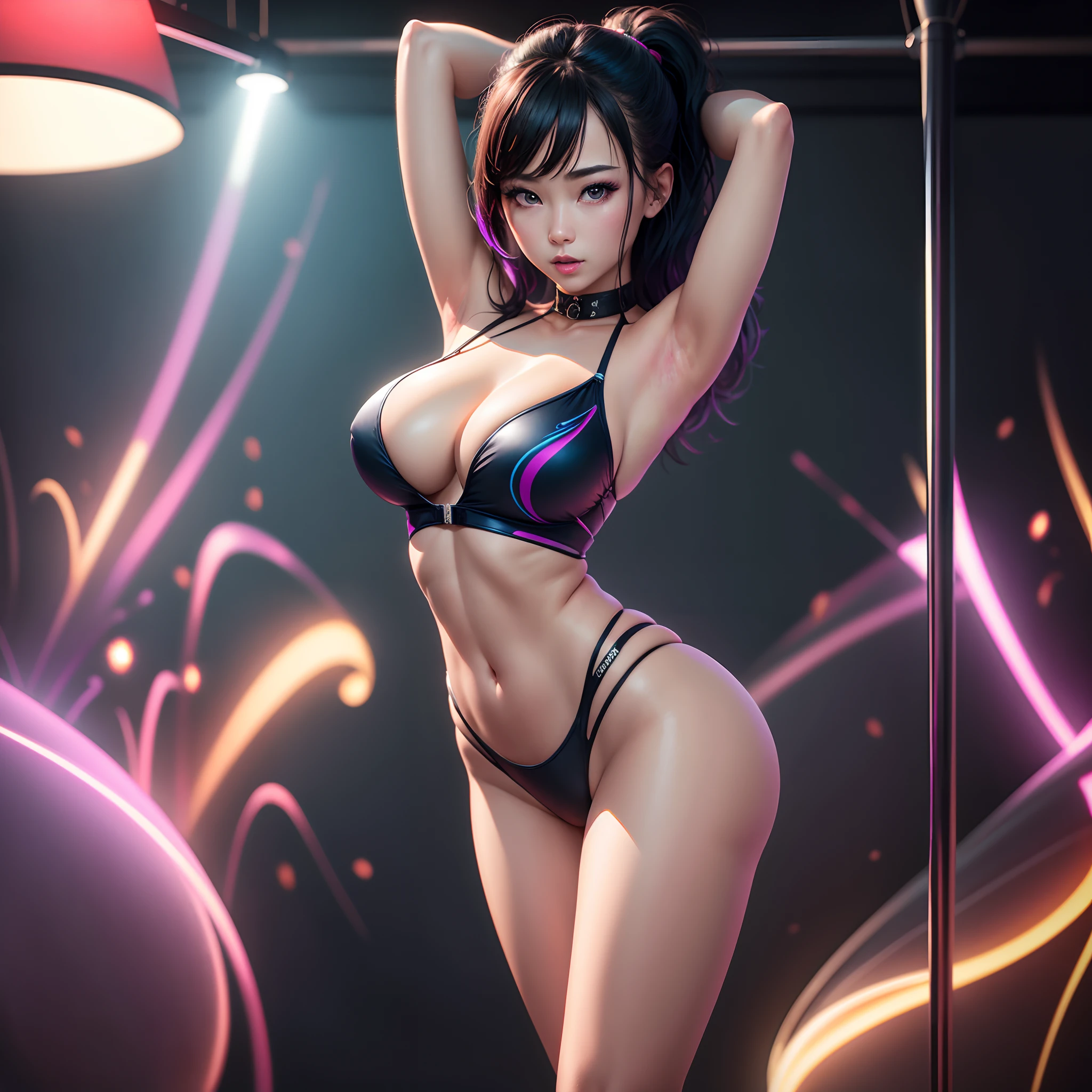 Extraordinary Beauty、Racy swimsuit、Lit up、pole dance、Masterpiece、8K、On the pole、ultra res、photoRealstic、Colorful