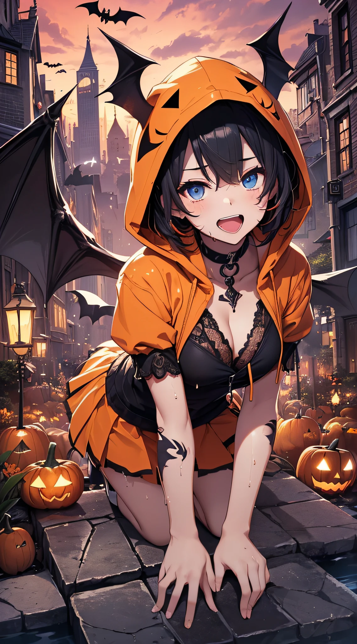 top-quality、Top image quality、​masterpiece、teens girl((18year old,Succubus、Black and orange tattered tank top,Tattered orange and black short skirt、Tattered orange short-sleeved hoodie、Wearing a hood,Best Bust、Bust 85、A dark-haired、Longhaire,Blue eyes、open chest wide、Valley、Happiness、A slender、the whole body is wet、Leaning forward、Prank、Laughing mouth、Pointed teeth、Black wings、Pampering、Emphasis on the chest、clow pose、Bats tattoo)）hiquality、Beautiful Art、Background with((A city scape、Red sky、Halloween at night、the bats、pumpkins,Nightmare))、masutepiece、Elaborate design、visualart、Theatrical films