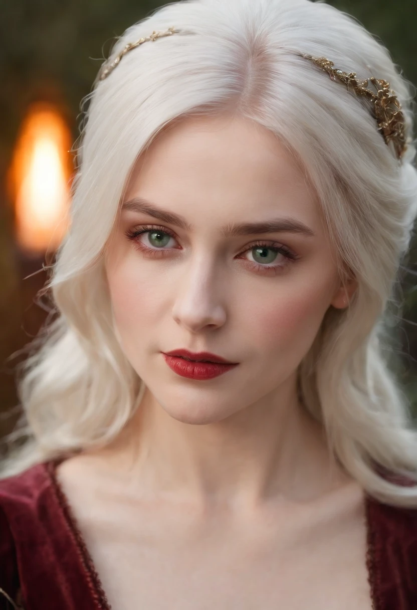 (((a deep reddish wound crosses her left cheek))),((Busty)), fair complexion, woman around 19 years old, natural white hair, distinctive green eyes, wearing kohl, slender and graceful, beautiful, candlelight in a medieval setting, ultra sharp focus, realistic shot, medieval female clothes, tetradic colors (scar:1.4)