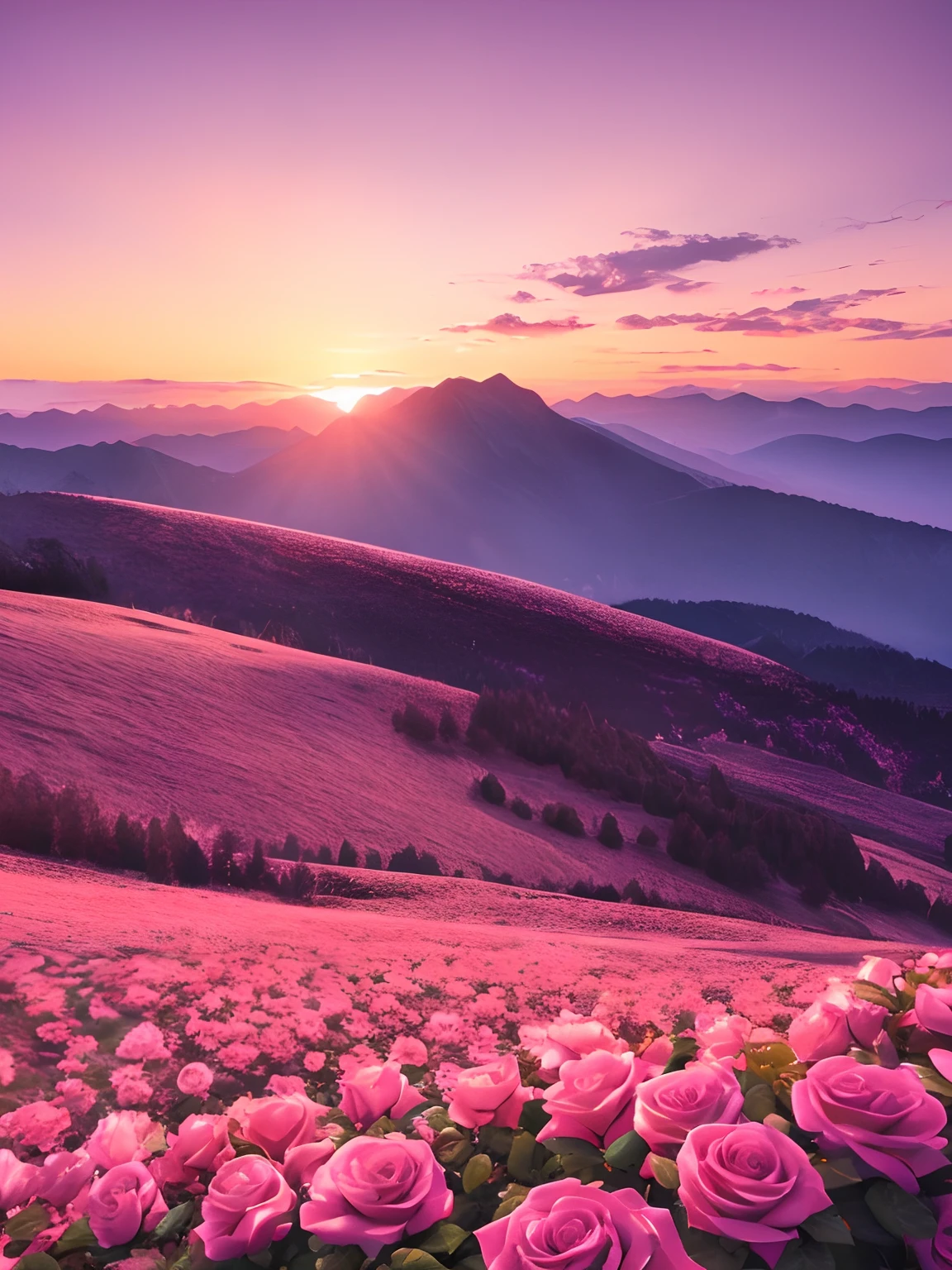 Best quality, masterpiece, sunset, rose, mountain, high resolution, 8k uhd, high quality, volumetric lighting, high resolution, 4k, 8k,