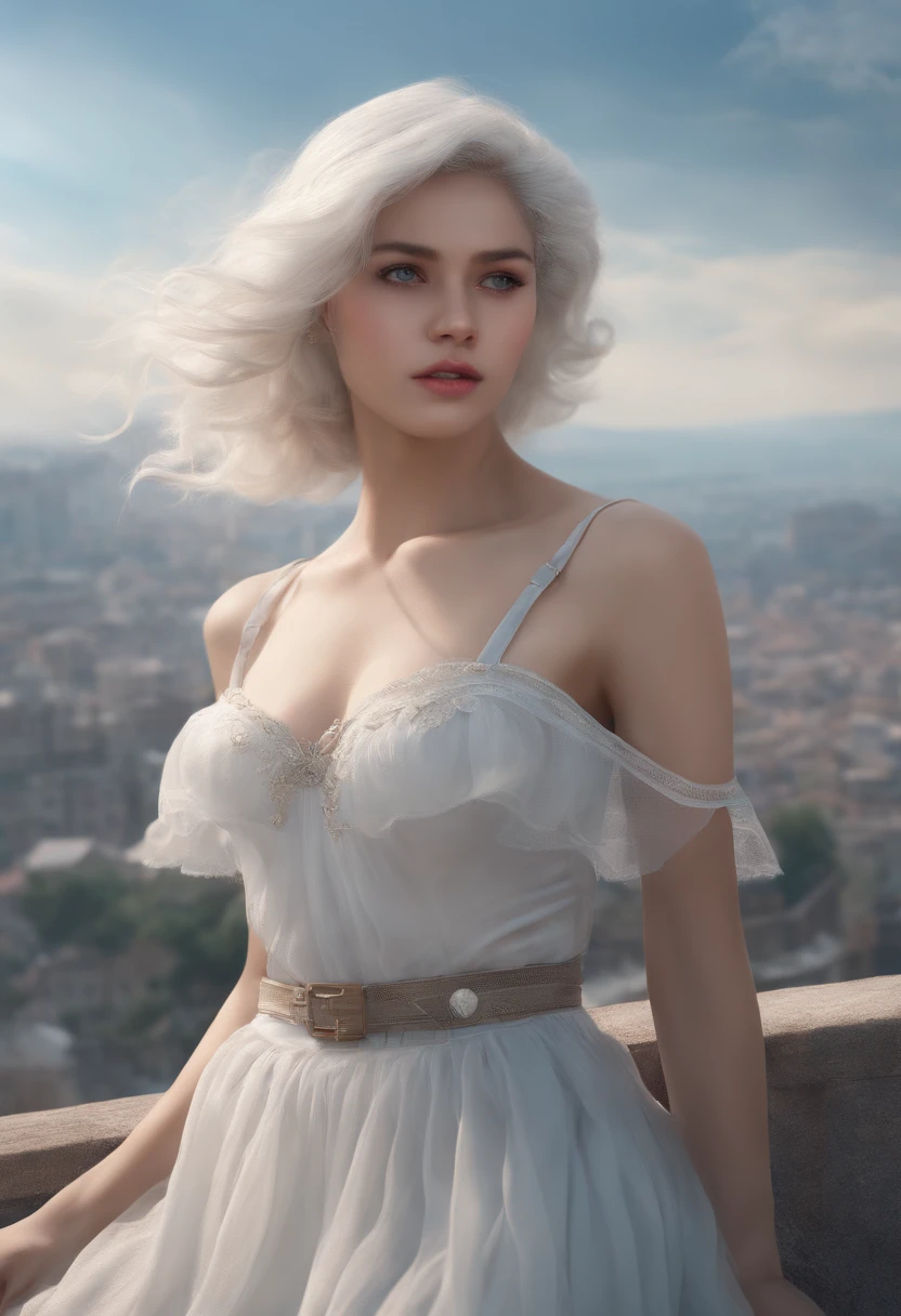 Medium shot, medium shot, bust, cinematic angle, masterpiece, best quality, super detail, CG, 8K wallpaper, pretty face, delicate scared eyes, a maiden, solo, skyline, light blue short shirt, translucent white pleated skirt, long white fluffy hair, skinny, scars on legs