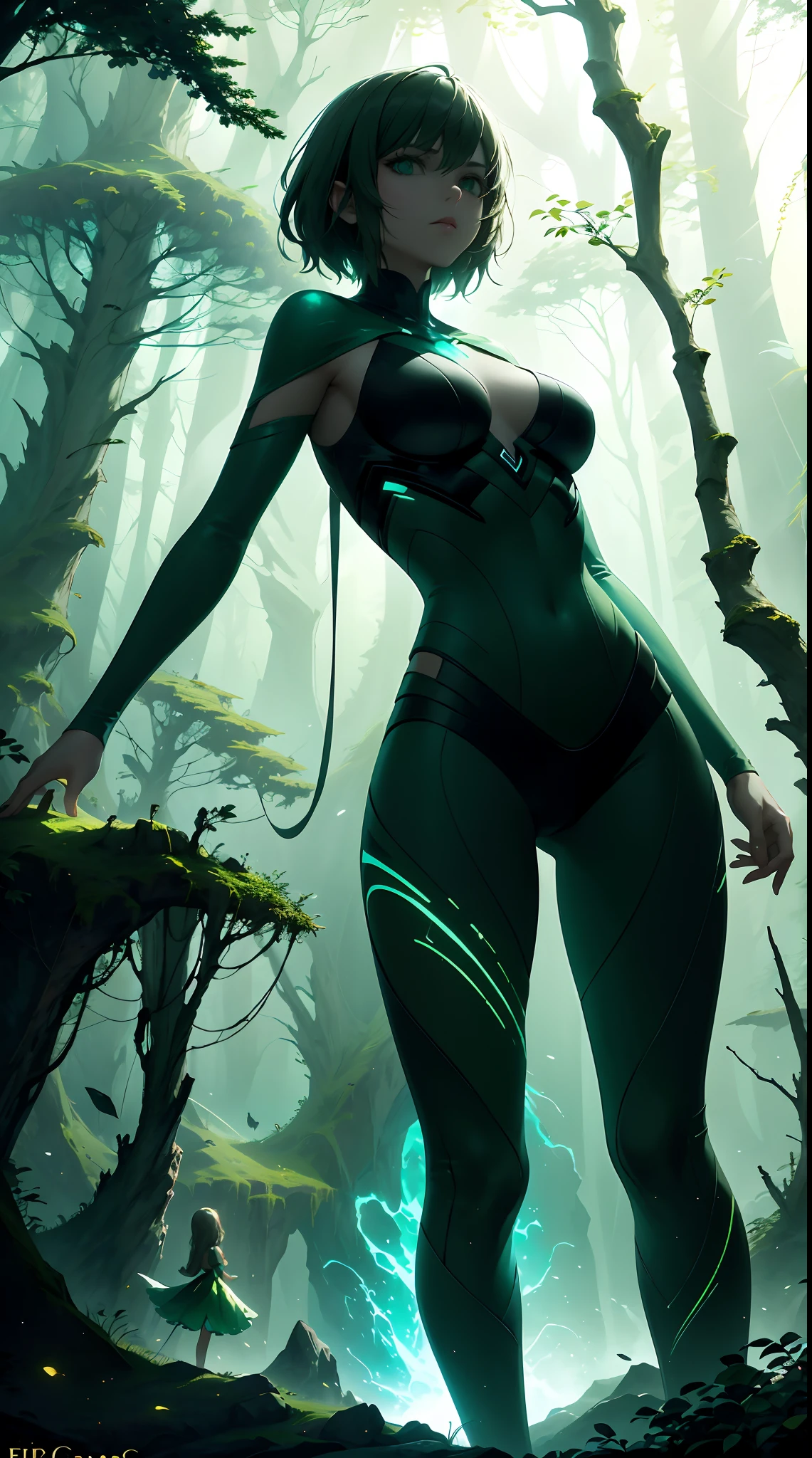 1 20-year-old girl, fairy princess, green clothes, nature clothes, nature panorama, sweet, beauty gril, twin sister.HD lighting and dark )<=(epic image quality)dark atmosphere with bright particle light(many effects in background).