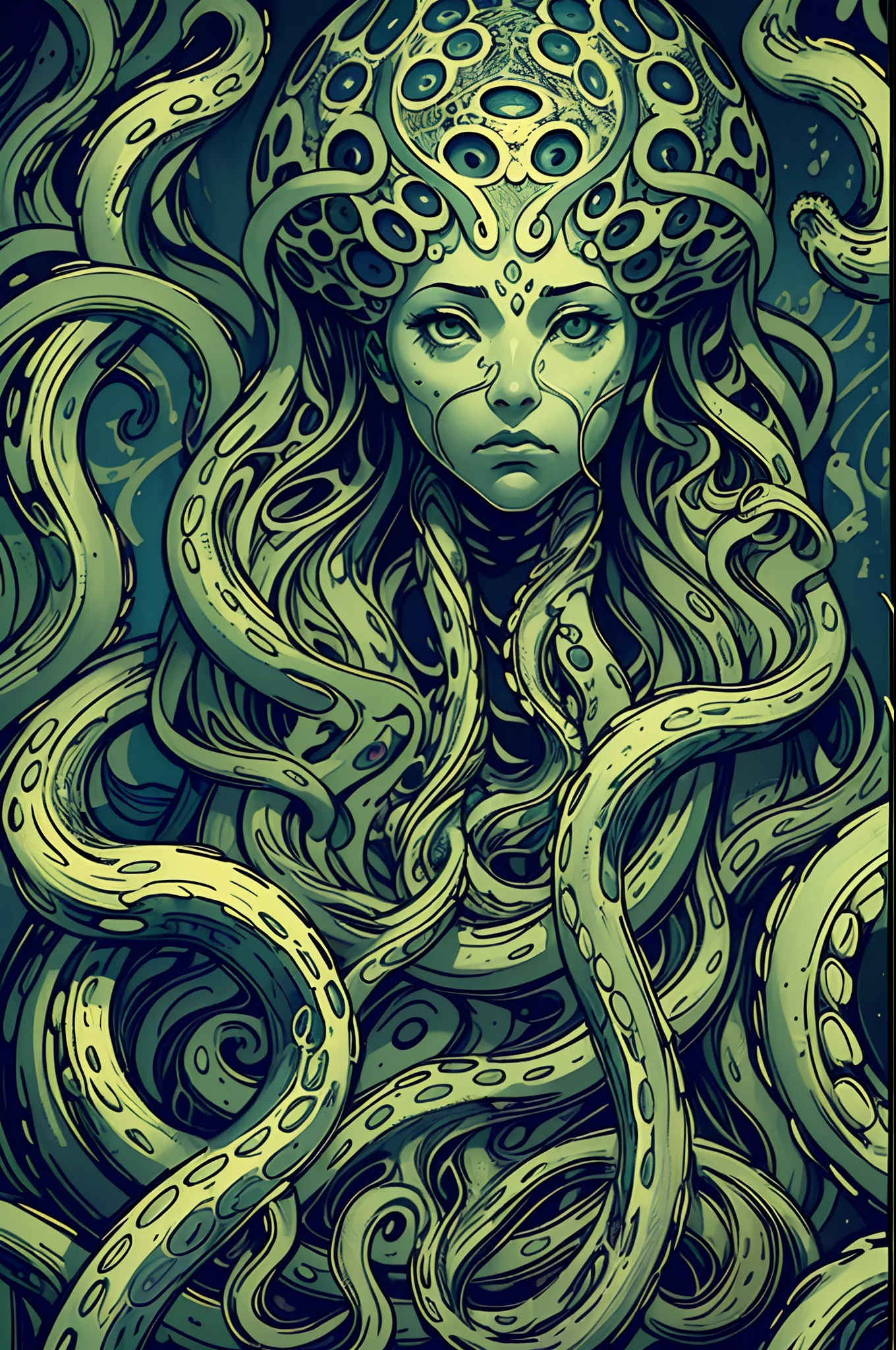 A hyper-realistic painting of metallic darkskin girl , submerged in a sea of black goo and cables, desperately trying to escape a web of tentacles and poisonous goo, with a backdrop of luxury yellow and green.