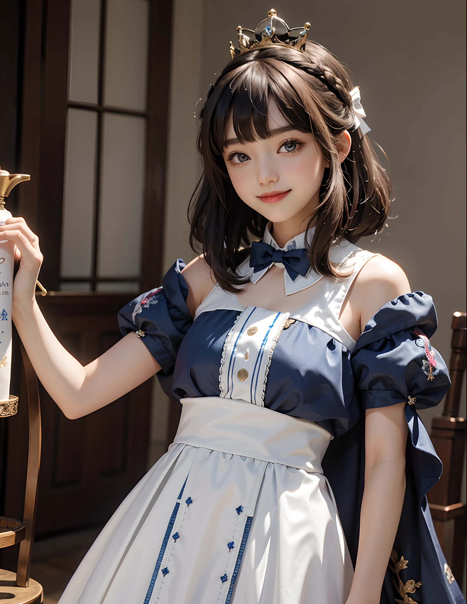 1girll,double tails,brunette color hair,By bangs,Long white embroidered dress,Blue bow,9--old ale model,Princess,crown,Smile,