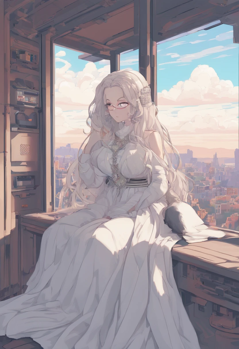 Medium shot, medium shot, bust, cinematic angle, masterpiece, best quality, super detail, CG, 8K wallpaper, pretty face, delicate  scared eyes, a maiden, solo, skyline, light blue short shirt, translucent white pleated skirt, long white fluffy hair, in asylum room, wrapped in a white blanket