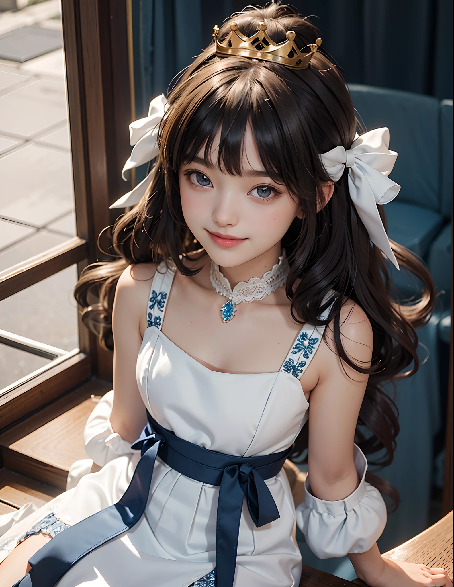 1girll,double tails,brunette color hair,By bangs,Long white embroidered dress,Blue bow,9-year-old female model,Princess,crown,Smile,