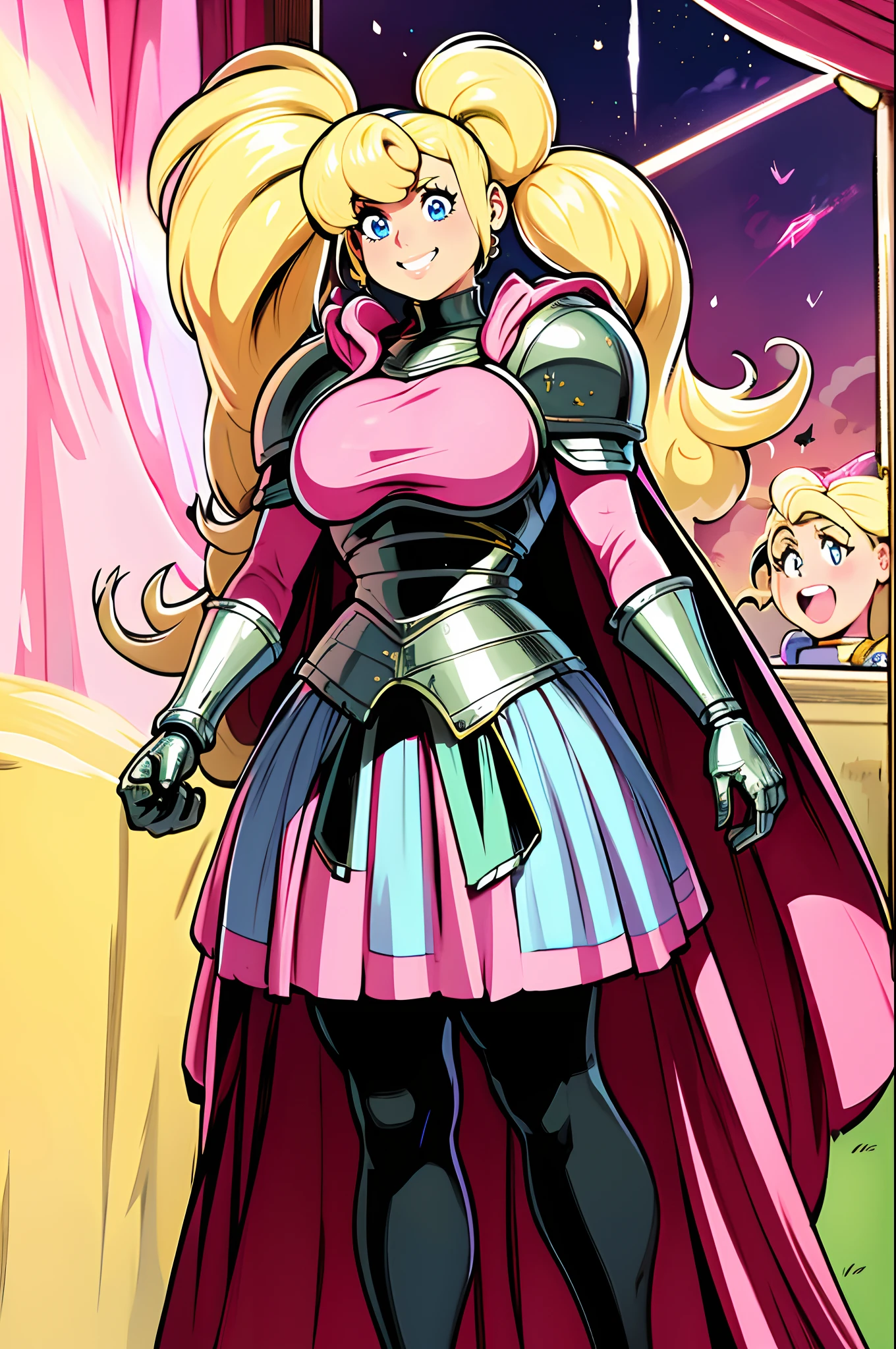 skirt vest, pantyhose, twintail, long hair, blond hair, knight, medium breast,honey lucmore,blue eyes,, walking, staff holding, cape,smile, 1character, 1girl, walking, magical girl,, solo focus, one character,pink lips, palading armor, knight, pink lipstic,best quality,4k,8k,highres,masterpiece:1.2),mega-detailed,(,1.37),portraits,vivid colors,warm tones,soft lighting,