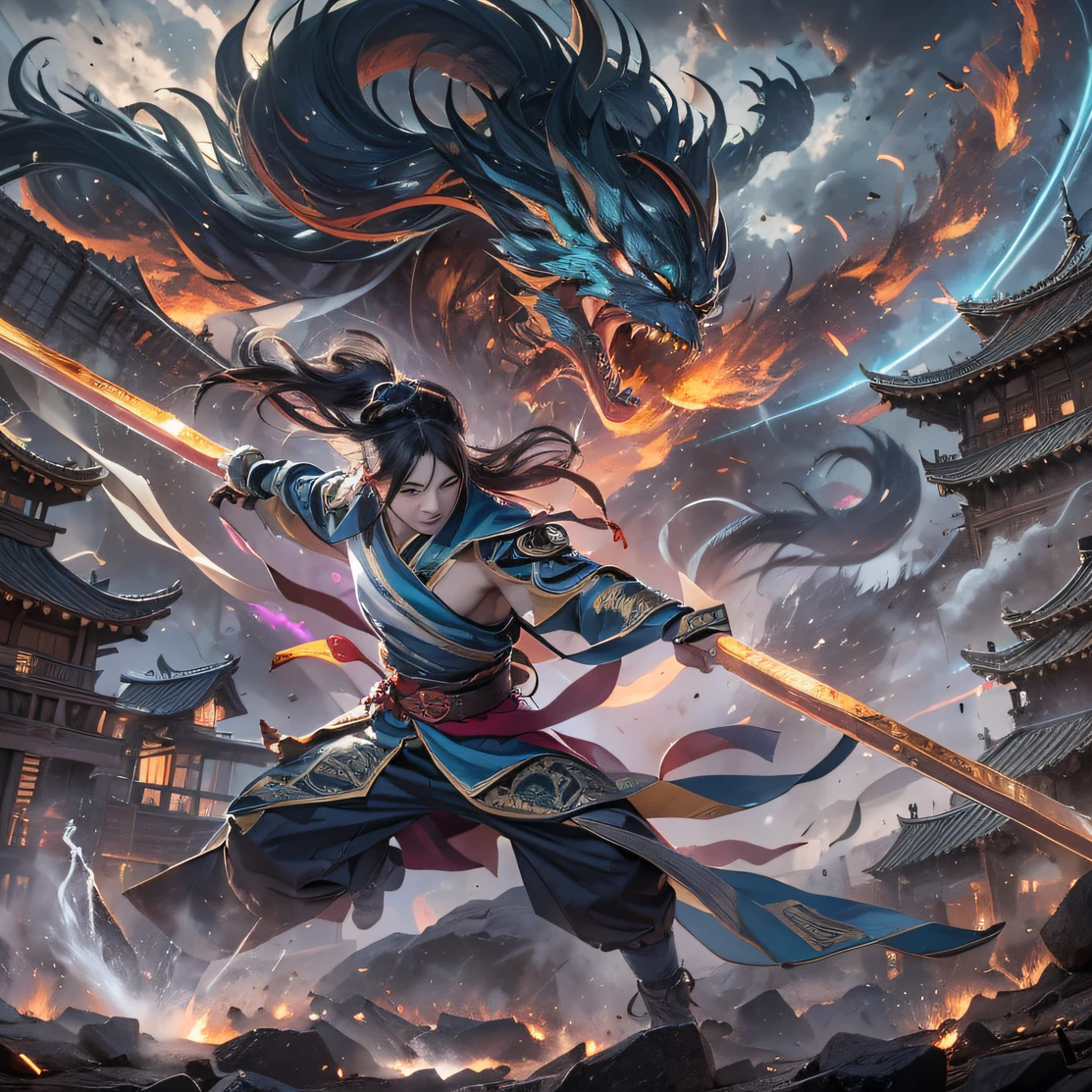 Qin Yu soared into the fairy demon realm, met Liu Hanshu by chance, saw his previous self in him, decided to take him as an apprentice, taught him how to protect himself, but because of the treasure star map, he forged a bond with the Liu family and the Jade Sword Sect, and finally opened with Liu Hanshu's death, Qin Yu embarked on the road of confrontation with powerful opponents, cultivated hard, made himself stronger, insisted on his central way of justice, and also wanted to protect the people he cared about, the three brothers soared apart, and embarked on a long road to find a good brother, Qin Yu, where are Xiao Hei and Hou Fei(Rainbow ruins)Climb the streets(Doomsday Rainbow)eyes filled with angry,He clenched his fists,Rush up,Deliver a fatal blow to your opponent,full bodyesbian,Full Body Male Mage 32K(Masterpiece rainbow,Rainbow Ultra HD)Long flowing black hair,Campsite size,zydink, The wounded lined up in the streets(Doomsday ruins rainbow)Climb the streets, The scene of the explosion(Rainbow Doomsday Ruins), (Linen batik scarf), Angry fighting stance, looking at the ground, Batik linen bandana, Chinese python pattern long-sleeved garment, rainbowing(Abstract propylene splash:1.2), Dark clouds lightning background,Flour flies(realisticlying:1.4),Black color hair,Flour fluttering,rainbow background, A high resolution, the detail, RAW photogr, Sharp Re, Nikon D850 Film Stock Photo by Jefferies Lee 4 Kodak Portra 400 Camera F1.6 shots, Rich colors, ultra-realistic vivid textures, Dramatic lighting, Unreal Engine Art Station Trend, cinestir 800,Flowing black hair,(((rainbowing)))The wounded lined up in the streets(rainbowing)Climb the streets,