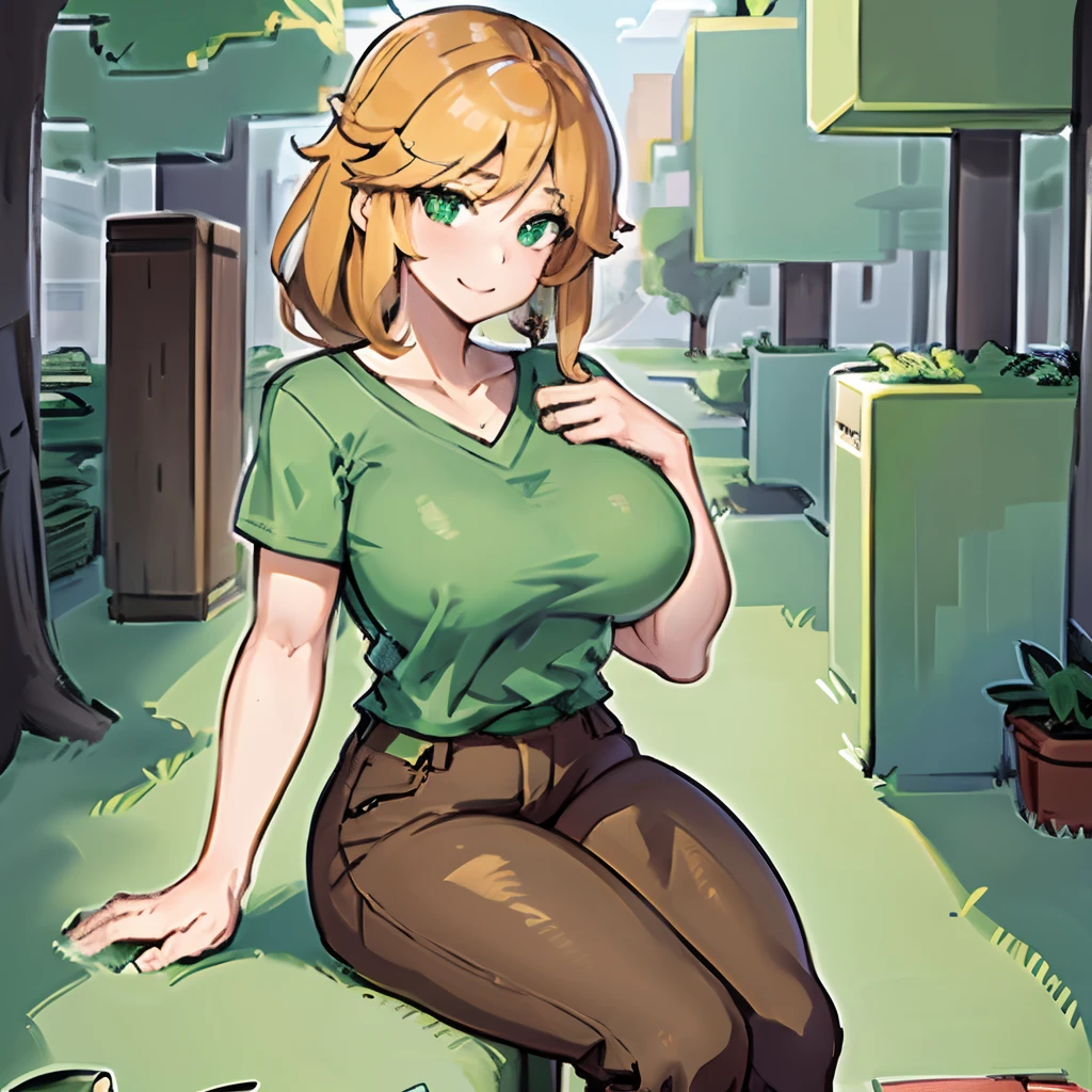 1 girl, alex minecraft, green shirt, brown pants, gray boots, sitting, adult, huge breasts, outside, smiling, masterpiece, high quality