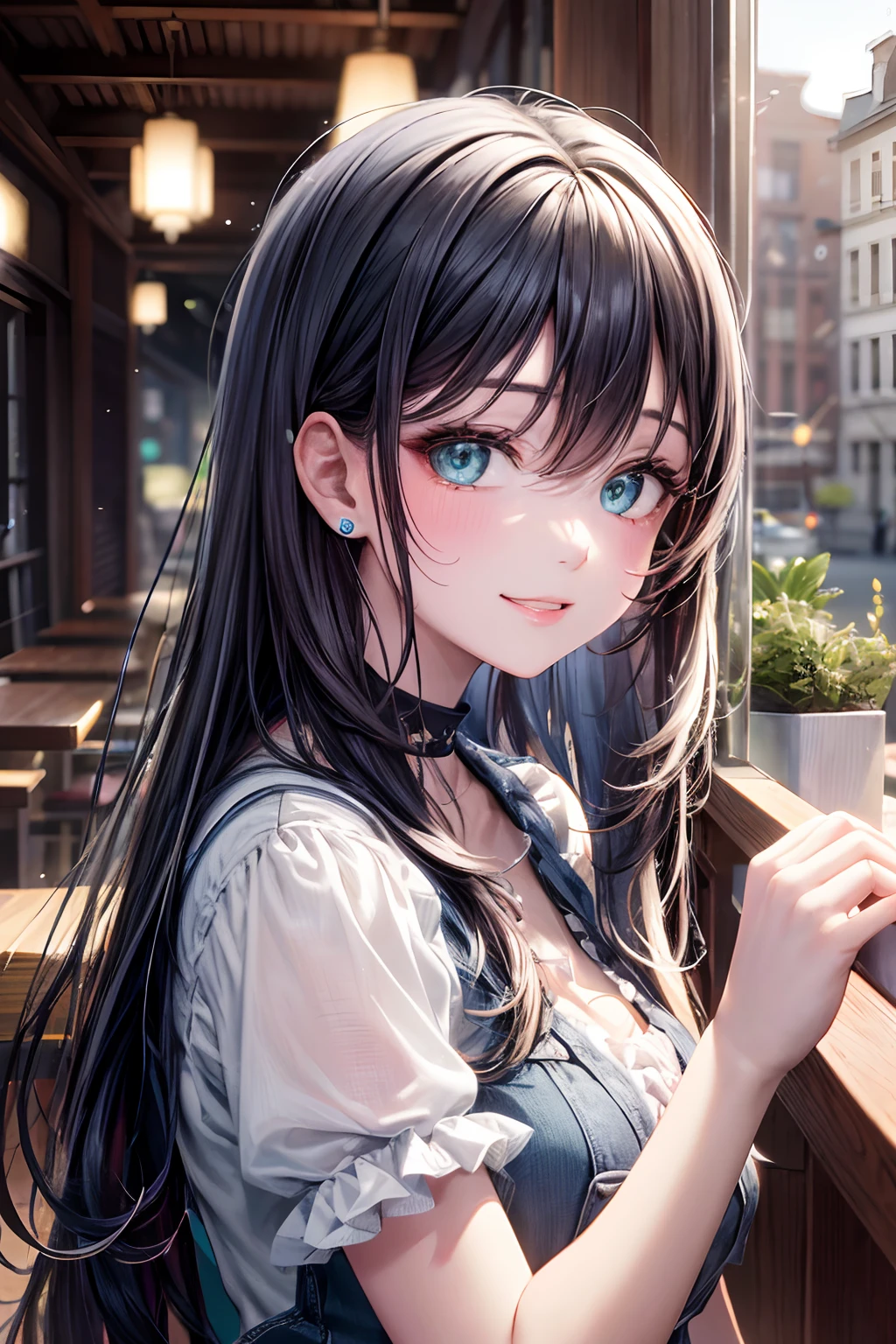 (hoang lap,hight resolution,Hyper-detailing,nffsw),tmasterpiece,best qualtiy,1girll ,Handsome,cabelos preto e longos,A detailed face,A dark-haired、Blouses with ruffles、cafe terrace,date、denim、Dimples、,Glorious glitter、Self-shot,lightsmile,(teal eyes)