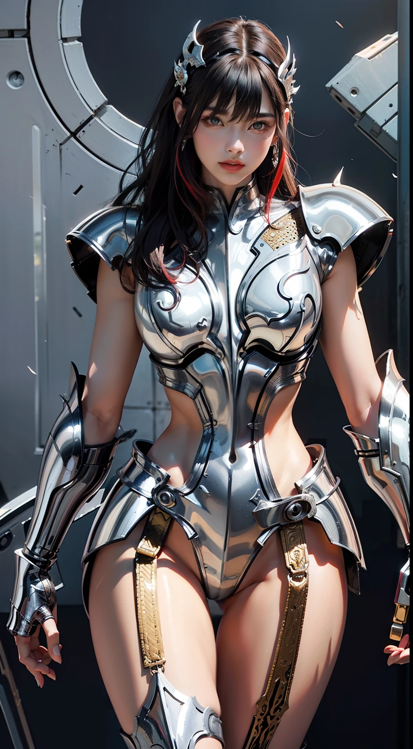 super high saturation（tmasterpiece）， fully body photo，（best qualtiy），An 18-year-old woman、（1girll），superwide shot， sface focus，  Wearing shiny bronze armor， Sexy lingerie type armor，Navel Ejection，Exposing the waistline，Exposing thighs，Cool pose， Saint Seiya's Armor，Arrange into intricate décor，high detal, anime styled, Cinematic lighting, Ray traching, film grains, hyper HD, textured skint, super detailing, anatomical correct, Straighten your back、up chest、hight resolution，super high saturation，highly contrast，High-gloss armor，slick skin，Delicately reproduce realistic skin texture in every detail、Realistic muscle texture expression，Long straight hair with red highlights on black hair、buttle、Full body projection