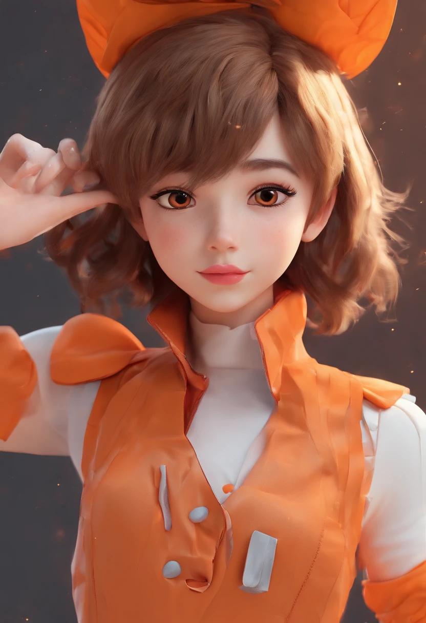 Androgynous boy, brown hair, eyelashes, eyeliner, black eyes, orange lipstick, orange princess dress, orange gloves