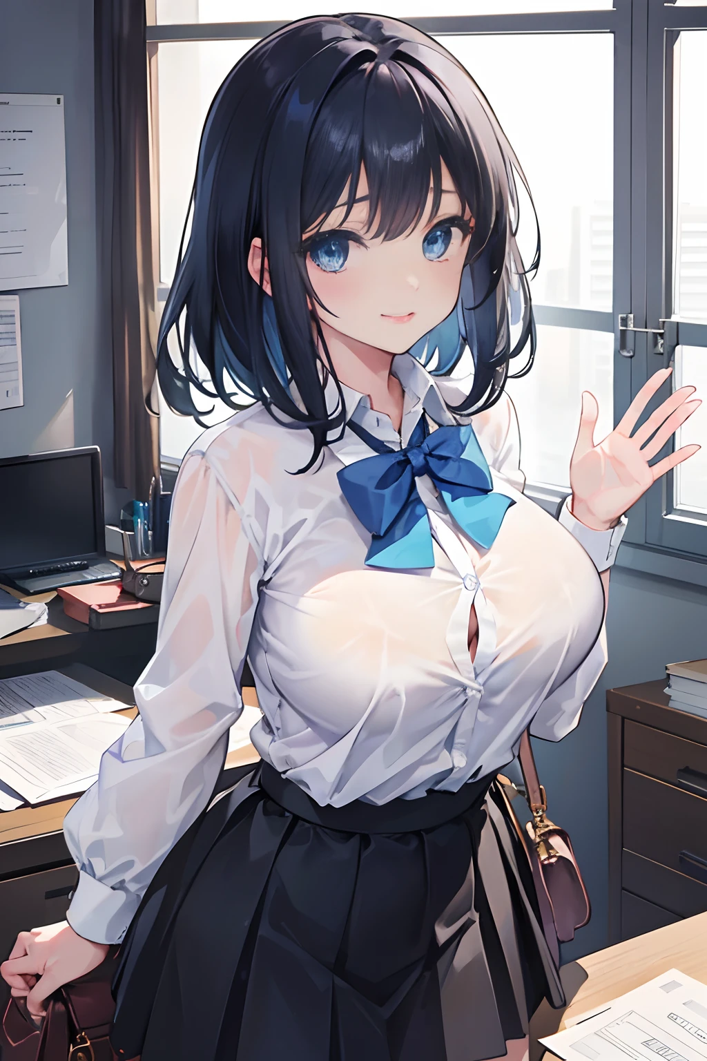 beautiful a girl、Medium Hair、friendly、cute little、Black skirt、Blue eyes、Colossal tits、Colossal tits、Colossal tits、Top image quality、ssex、tongue、Whip whip、embarrassed from、cool lady、Office Casual、working adults、the kiss、suki、A dark-haired、Blue Inner Color、AHE Face、large boob、Clothes buttons are closed、I can't see the chest、Close your chest with your arms in front of you、gently smiling、smil、Wearing a white shirt、s Office、Waving hands、Black bra
