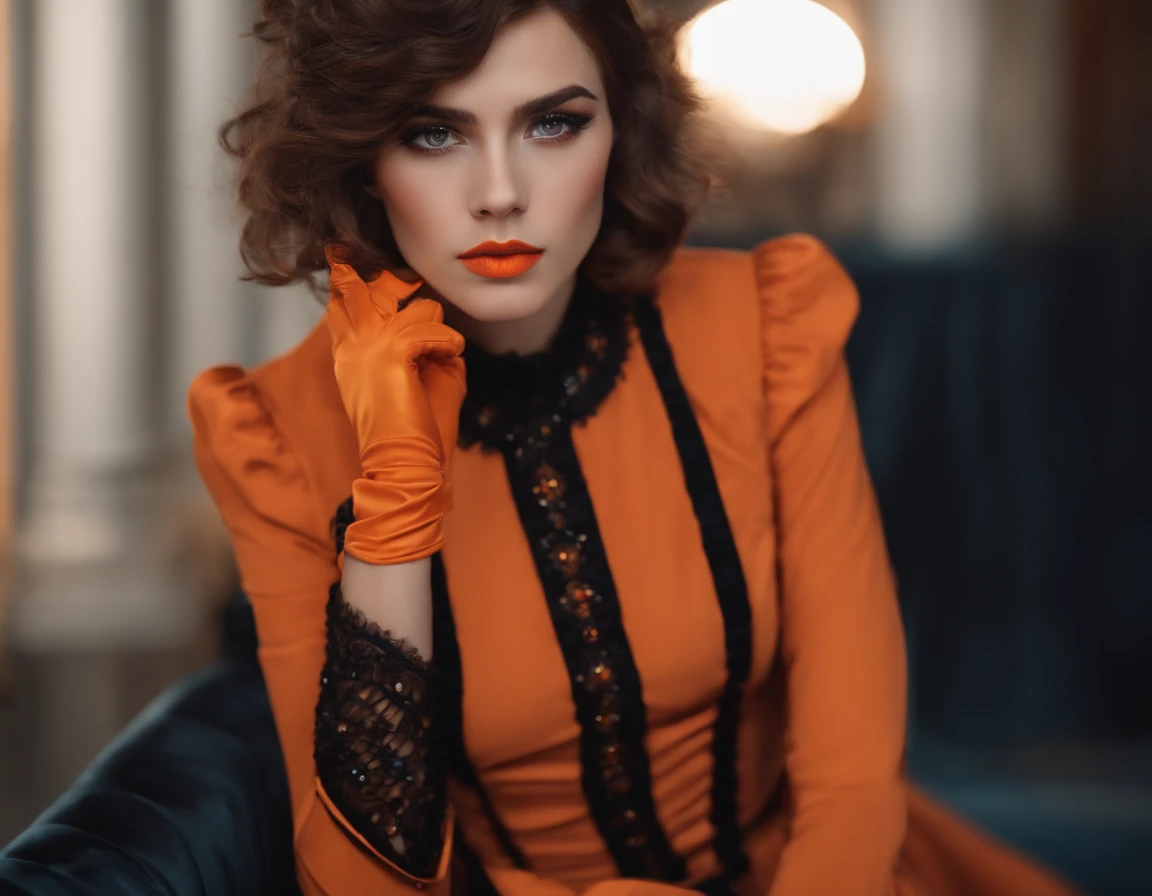 Androgynous boy, brown hair, eyelashes, eyeliner, black eyes, orange lipstick, orange princess dress, orange gloves