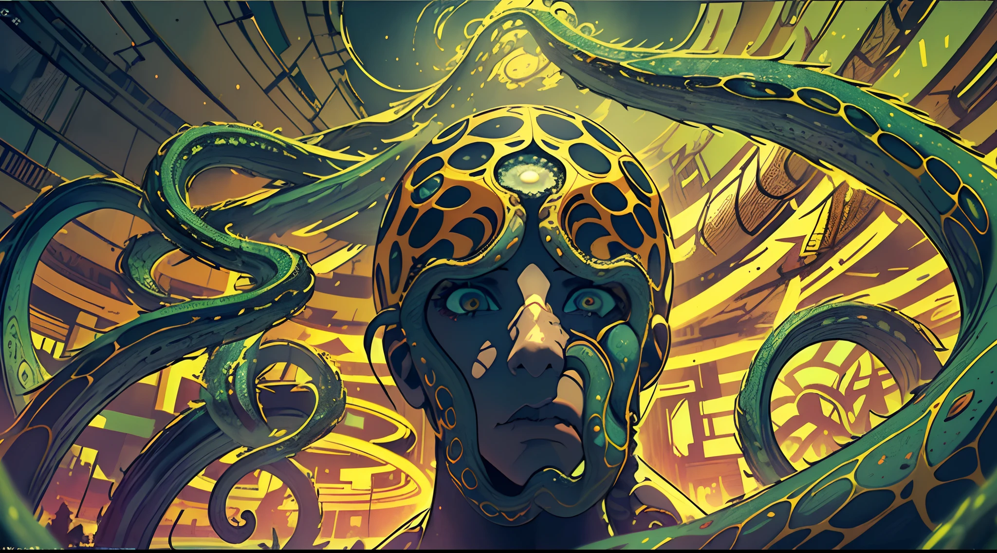 [(Mystical journalistic revelation:1.3) ::5], (masterwork, surreal, absurdres:1.28), (shamanic tentacle journalist:1.2), (towering presence, enigmatic aura:1.25), mind-bending storytelling, arcane truths, tentacles entwined in mysteries, profound insights, journalistic transcendence