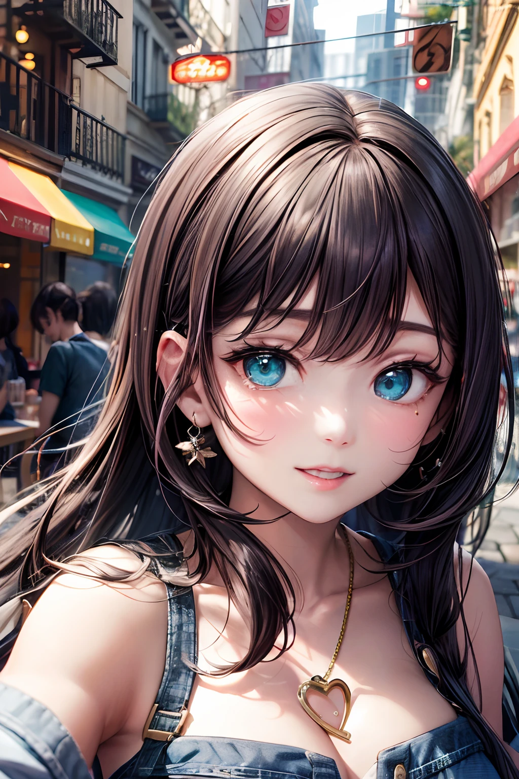 (hoang lap,hight resolution,Hyper-detailing,nffsw),tmasterpiece,best qualtiy,1girll ,Handsome,cabelos preto e longos,A detailed face,A dark-haired、Blouses with ruffles、cafe terrace,date、denim pant、full bodyesbian、Dimples、,Glorious glitter、Self-shot,lightsmile,(teal eyes)