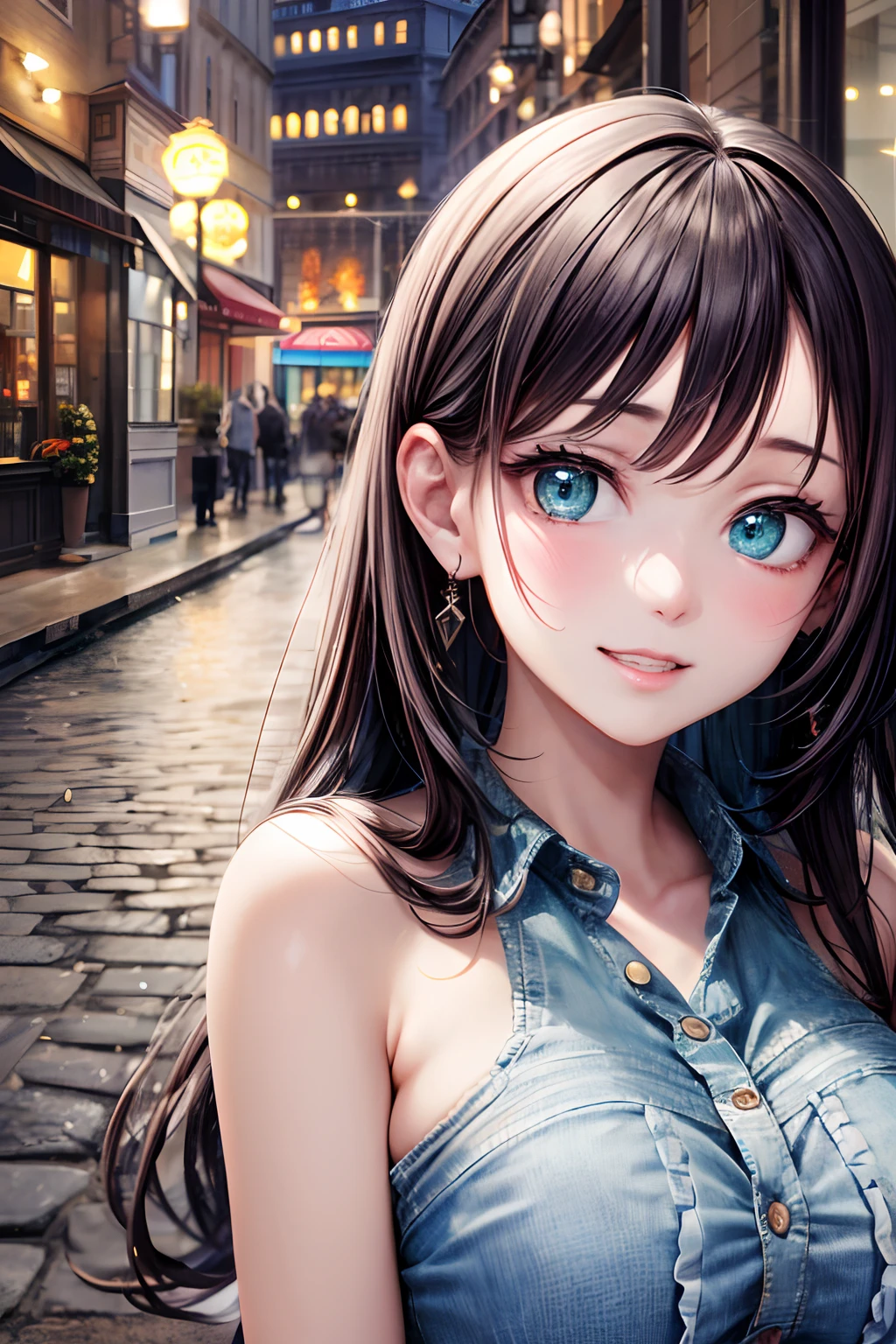 （hoang lap，hight resolution，Hyper-detailing，nffsw），tmasterpiece，best qualtiy，1girll ，Handsome，cabelos preto e longos，A detailed face，A dark-haired、Blouses with ruffles、cafe terrace，date、denim pant、full bodyesbian、Dimples、，Glorious glitter、Self-shot，lightsmile，（teal eyes）