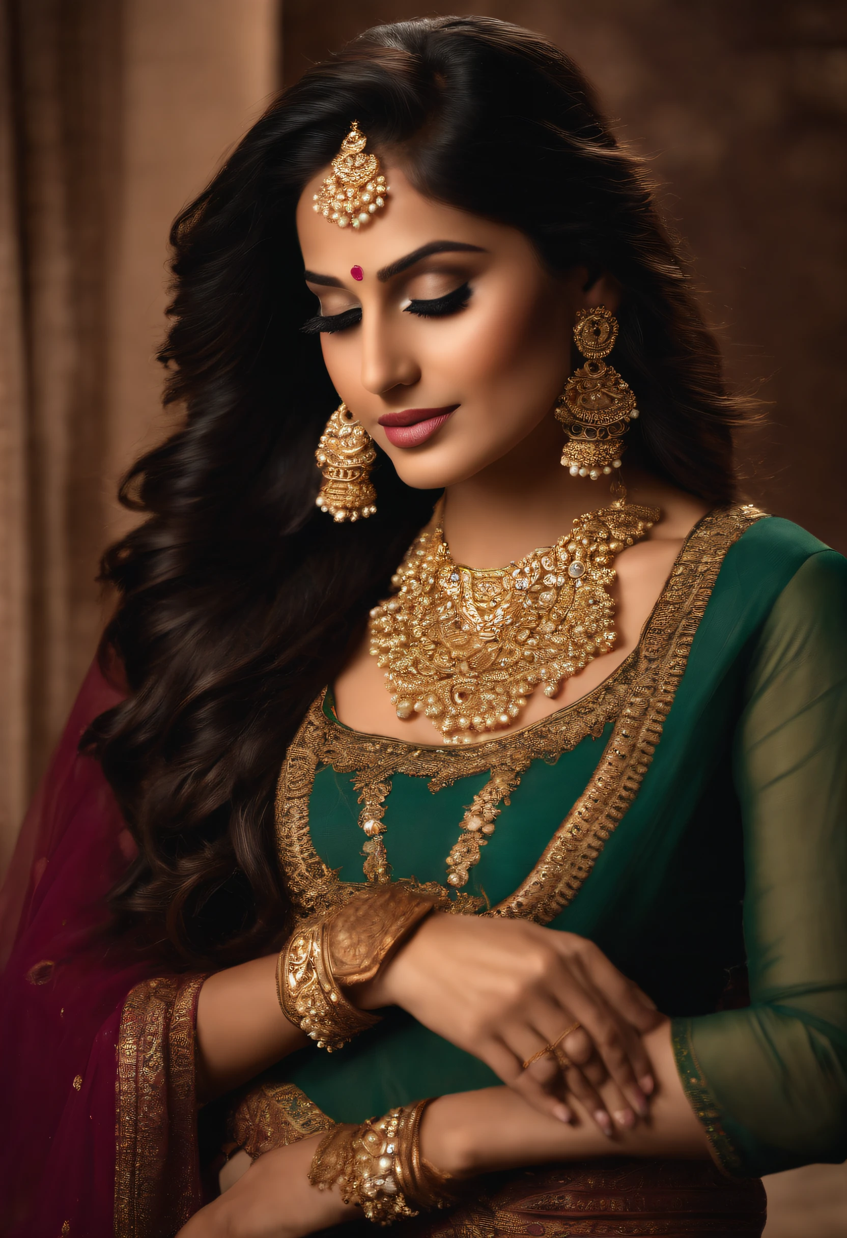 Generate a high-resolution, realistic image of a beautiful Indian female AI influencer. She should appear to be in her mid-20s. Her hair should be long, straight, and jet-black, cascading down to her mid-back. She should have a fair, flawless, and radiant white skin tone. Her eyes should be large, almond-shaped, and expressive, with dark brown irises that glisten with warmth and charm. She should have perfectly arched eyebrows that frame her face elegantly, a button-shaped nose, and full, soft lips with a natural pinkish hue. Her face should be well-proportioned with high cheekbones, a slender jawline, and a graceful neck.
For her attire, she should be dressed in an elegant yet comfortable kurti pajama ensemble. The kurti should be beautifully designed, adorned with intricate embroidery and elegant patterns, and it should have a modest neckline that covers her chest without revealing cleavage. The pajama should be tailored to perfection, adding to her graceful appearance. She complements the outfit with traditional Indian jewelry, including delicate earrings, bangles, and a necklace that enhances her overall look.
In terms of posture, she stands confidently with her head held high, exuding self-assuredness and grace. One hand is on her hip, while the other lightly holds the edge of her kurti. Her posture conveys a sense of approachability and warmth, inviting her audience to engage with her. For the background, place her in a realistic and visually appealing setting. She stands in a beautifully decorated room with a blend of traditional and modern Indian elements. The room features warm, soft lighting that enhances her appearance. There are hints of Indian culture in the decor, such as intricate patterns on the walls, elegant draperies, and tasteful artwork. In the background, there's a glimpse of a window with sheer curtains, allowing soft daylight to filter in.