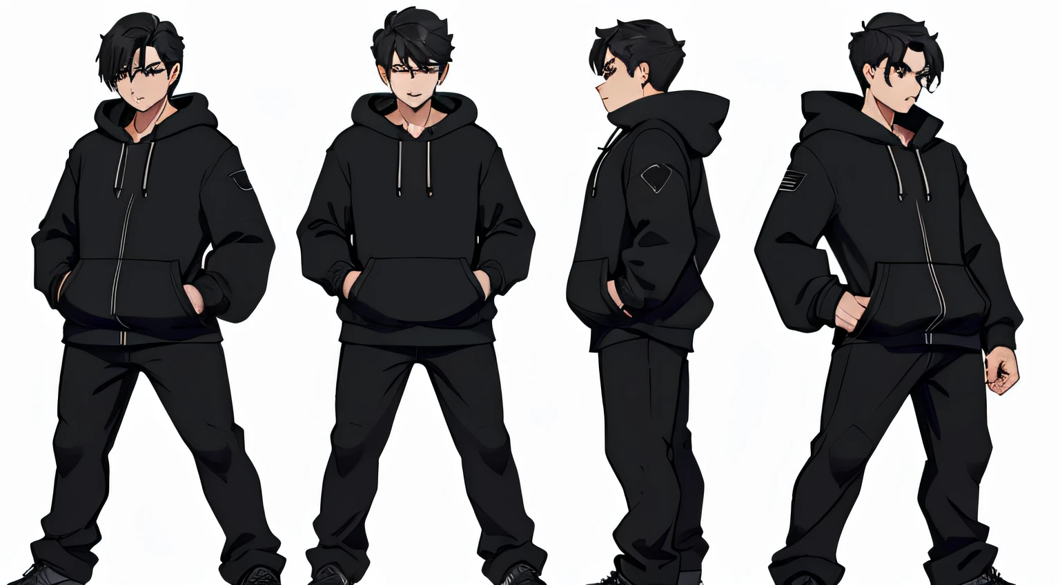 a man with short black hair and black hoodie, character sheet, oversize, different poses