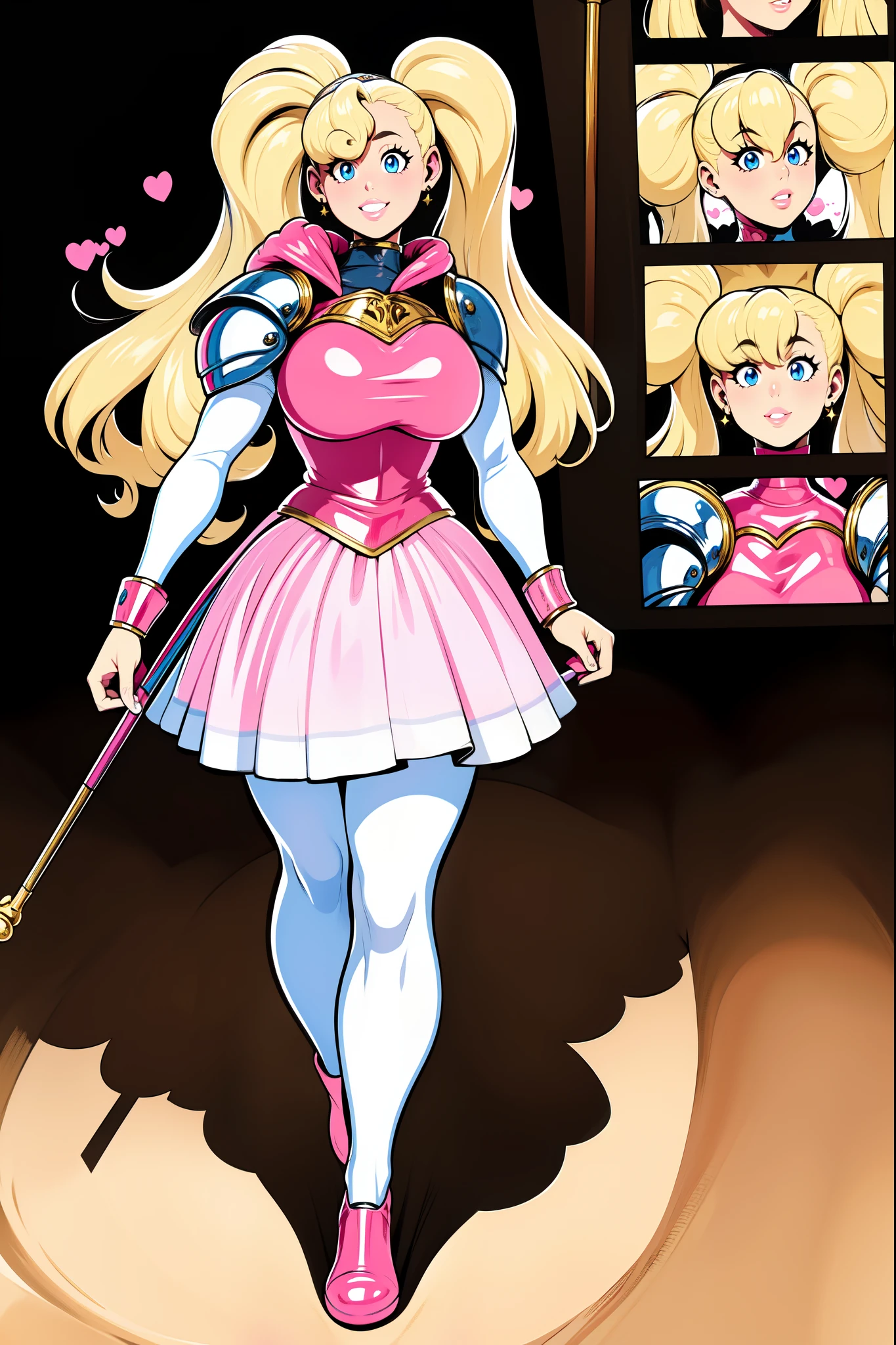 skirt vest, pantyhose, twintail, long hair, blond hair, knight, medium breast,honey lucmore,blue eyes,, walking, staff holding, cape,smile, 1character, 1girl, walking, magical girl,, solo focus, one character,pink lips, palading armor, knight, pink lipstic,best quality,4k,8k,highres,masterpiece:1.2),mega-detailed,(,1.37),portraits,vivid colors,warm tones,soft lighting,