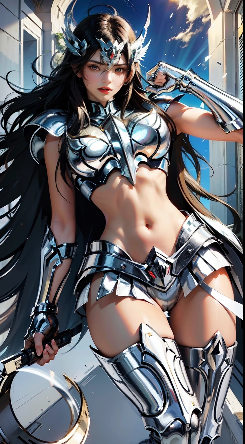 super high saturation（tmasterpiece）， fully body photo，（best qualtiy），An 18-year-old woman、（1girll），superwide shot， sface focus，  Wearing shiny gold armor， Sexy lingerie type armor，Navel Ejection，Exposing the waistline，Exposing thighs，Cool pose， Saint Seiya's Armor，Arrange into intricate décor、Aquarius、Aquarius、 dishevled hair，high detal, Anime style, Cinematic lighting, The armor shines golden, God Light, Ray traching, film grains, hyper HD, textured skint, super detailing, anatomical correct, hight resolution，super high saturation，highly contrast，High-gloss armor，slick skin，Grim expression，Long straight hair with red highlights on black hair、buttle、Spread your fists、Diamond Dust