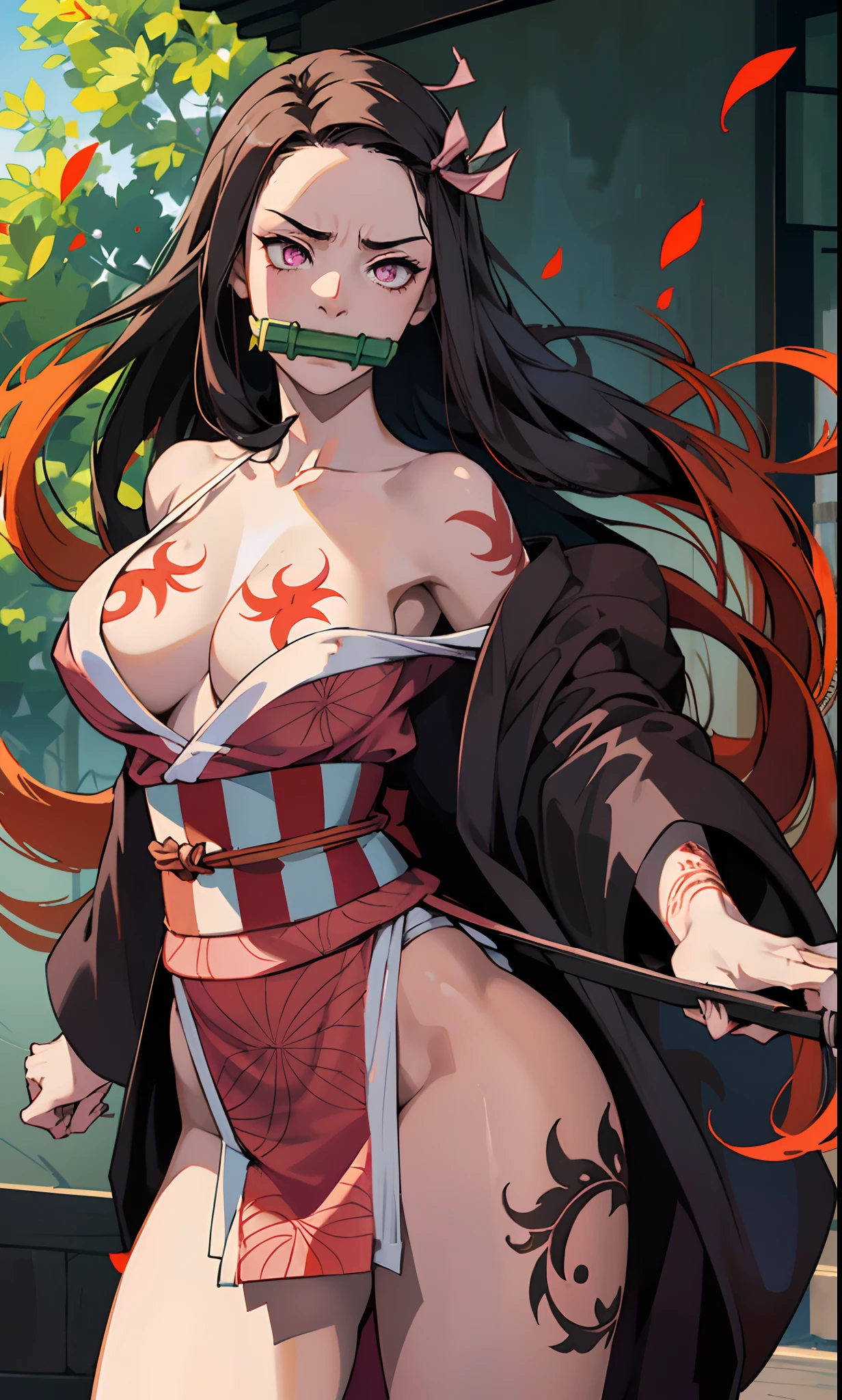 (Nezukokamado, Masterpiece Nezuko Kamado, Goddess of beauty, expression of anger, angry, hatred), long black hair with orange tips, GAGGED, ribbon hair, long hair, multicolored hair, (pink eyes: 1.5) bright, orange hair, wavy hair, two-tone hair,
Wrap wing has no (default), plaid sash, Haori, Japanese outfit, sexy kimono, long sleeves, Obi, pink kimono, ribbon, Wariza, long sleeves, perfect curved body, tattooed body with leaves running through
her body, huge and delicious long breasts, her breasts come out of her clothes,
Break-in inside the house,
break (master part: 1.2), best quality, high resolution, photo realistic, photogenic, Unity 8k wallpaper, (illustration: 0.8), (beautiful detailed pink eyes: 1.6), extremely detailed face, perfect lighting, extremely detailed CG , (perfect hands, perfect anatomy), 18-year-old girl with perfect breasts, long breasts, pointed nipples, (perfect and curved body, leaf tattoos run all over her body, she doesn't wear panties, bubian hair showing), hair long and dull, red hair, beautiful face, roof, master work, intricate details, girl goddess of beauty, realistic details, anime, (Based on Demon Slayer Kimetsu no Yaiba Nezuko Kamado) Nezuko's perfect body in demonic state, breasts long showing, perfect pointy breasts, perfect girl, perfect details, Ultra HD |, 8k, professional photo, Demon Slayer Kimetsu no Yaiba Sexy Nezuko Kamado showing her sexy leaf tattooed body, Naughty Demon, Succubu, angry expression,