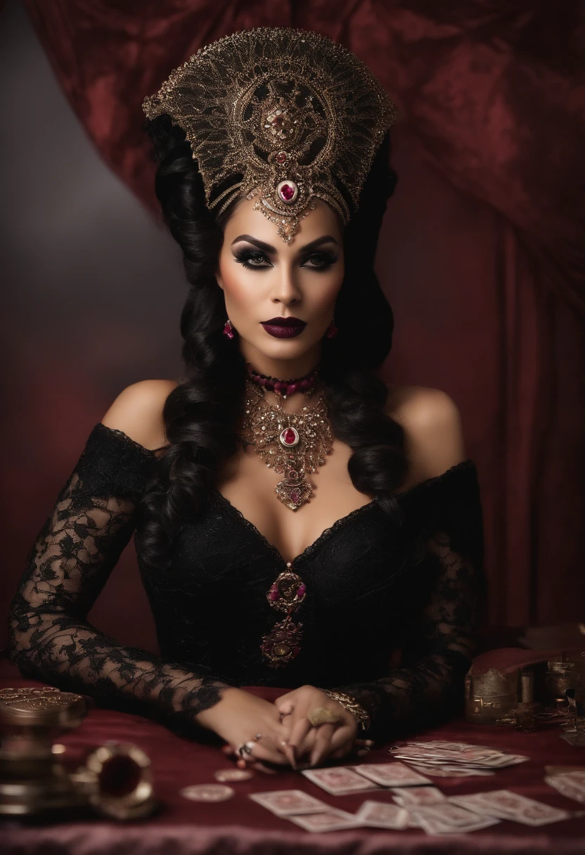 ((mulher rosa negra)) com maquiagem roxa, vestimento estilo steampunk de perfil, sentada , Placing Cards on a Kabbalistic Table, half skull half face, sugar skull, half skull face, inspirado em Izzy Medrano, (obra-prima, melhor qualidade: 1.4), (absurdos, highres, ultra detalhado: 1.2), (1 senhora bonita: 1.4), (usando magia escura: 1.4), em um vestido vitoriano. Ao fundo um castelo assombrado,Surreal CG rendering of a dark red moon rising above a tranquil lake surrounded by red clouds, autoiluminado.