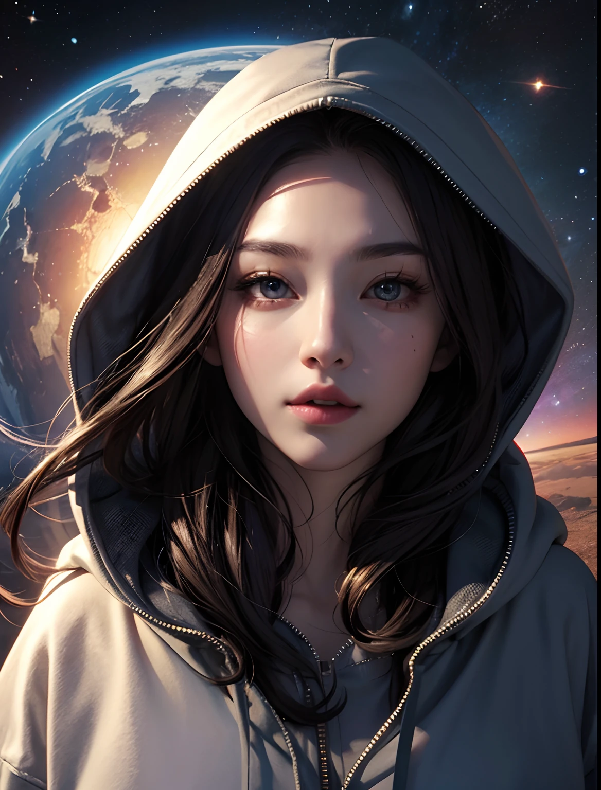 One Beautiful Woman。Detailed depiction of the face。Beautiful double eyes。plump lips。wearing hoodies。Images of outer space and wormholes behind。８K image quality。Masterpiece。