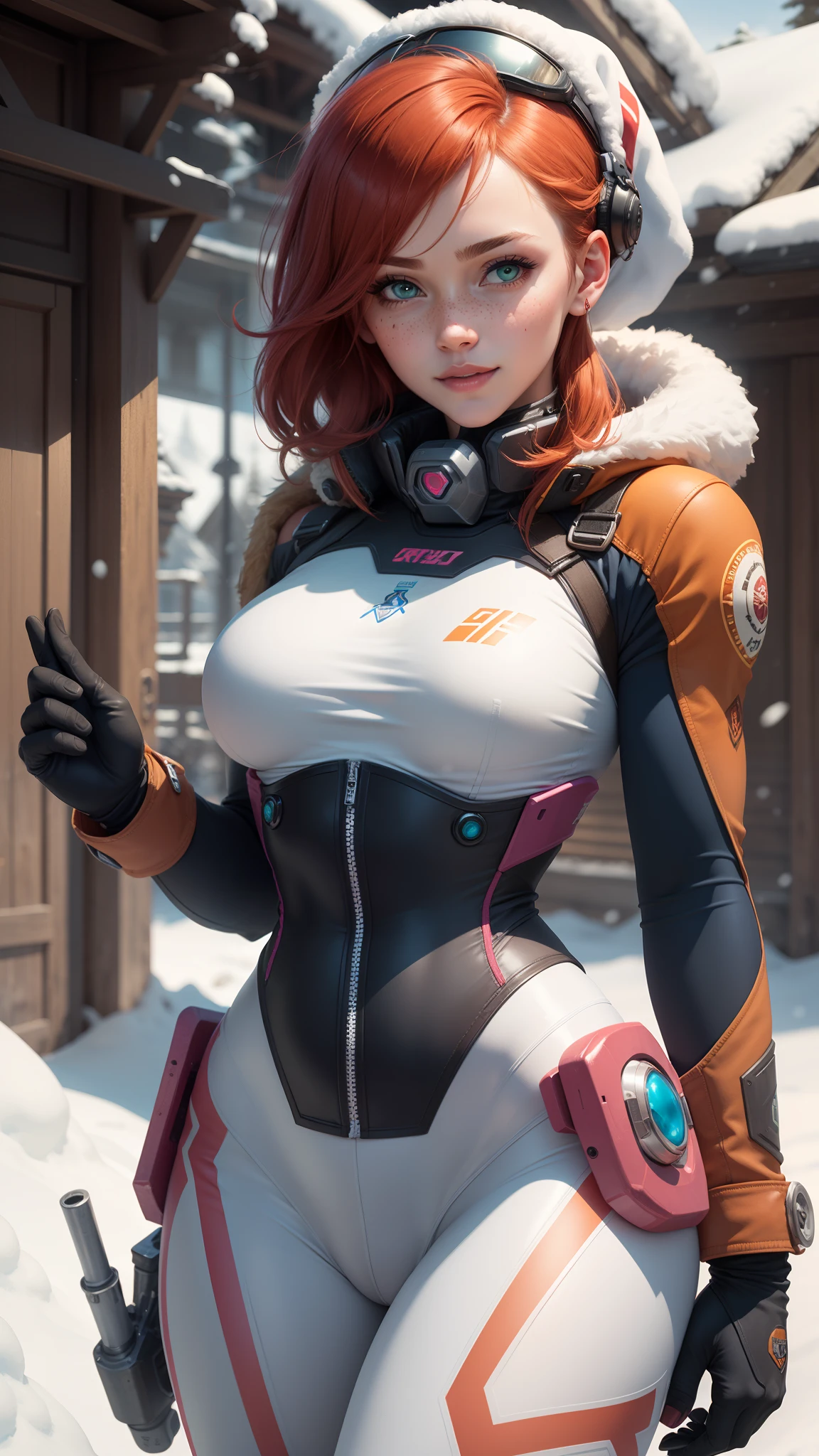 gwen tennyson,tracer,chun-li,rebecca chambers,overwatch,gundam,1girl,close up,mecha pilot,winter mountain,rose and blue plugsuit,hair pin,pirate corset, white long sleeve lycra top,white leggings,short hair,cute makeup,green eyes,orange and blue hair,shy smile, freckles,redhead,beautiful girl,large breasts,ultra detailed,realistic,fantasy art,long winter scarf,chinese dress,winter hat,chinese village,frozen river,cold weather,