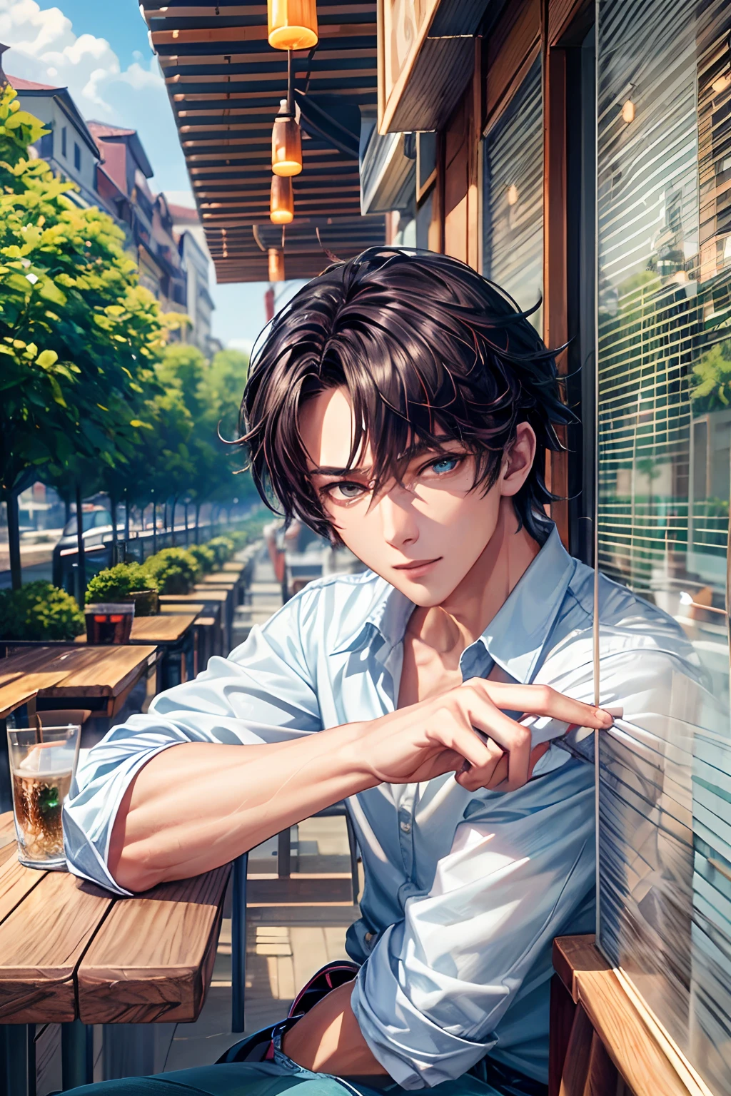 777、(hoang lap,hight resolution,Hyper-detailing,nffsw),tmasterpiece,best qualtiy,1boy ,Handsome,cabelos preto e longos,fine eyes and detailed face,white shirt,denim、cafe terrace,Self-shot,lightsmile,(teal eyes)