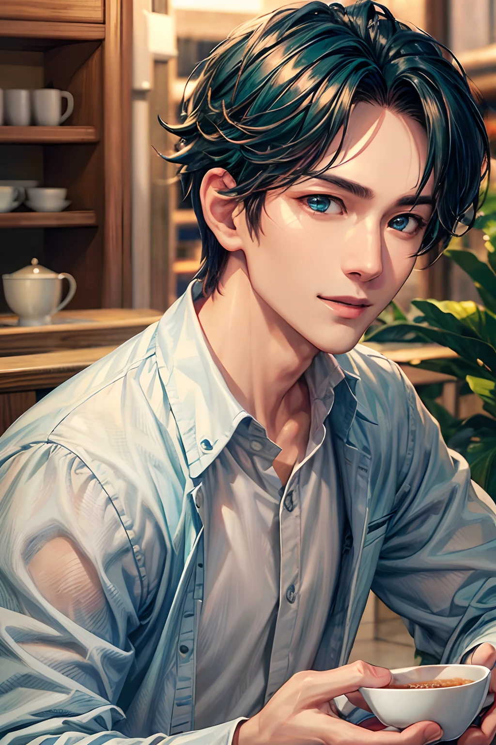 777、(hoang lap,hight resolution,Hyper-detailing,nffsw),tmasterpiece,best qualtiy,1boy ,Handsome,cabelos preto e longos,fine eyes and detailed face,white shirt,denim、cafe terrace,Self-shot,lightsmile,(teal eyes)