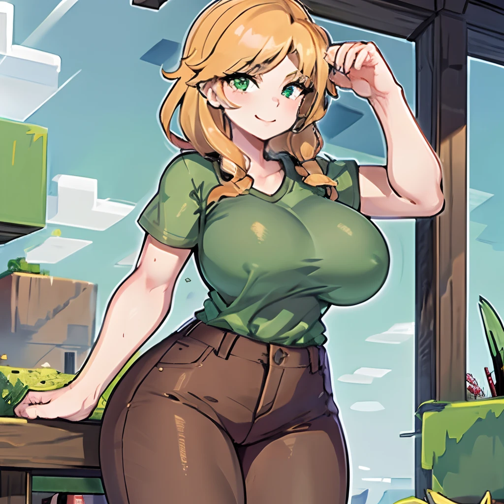 1 girl, alex minecraft, green shirt, brown pants, gray boots, adult, huge breasts, outside, smiling, masterpiece, high quality
