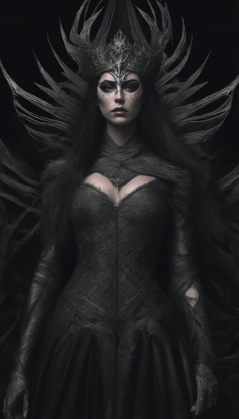Hela, Deusa da morte, greek mythology, Scarlet witch with a tiara with several blades on her head, Colar de caveiras, Usando um vestido feito com caveiras e laminas, Arte em estilo Guviz, Ross Tran 8 K, uma bela imperatriz fantasia, 8k arte detalhada de alta qualidade, Arte digital altamente detalhada em 4k, Retrato da rainha das trevas, wielding multiple pointed swords, Fundo de cinzas e fogo, pequenos pontos de brasa quente ao fundo, Vestido composto por caveiras e laminas,
