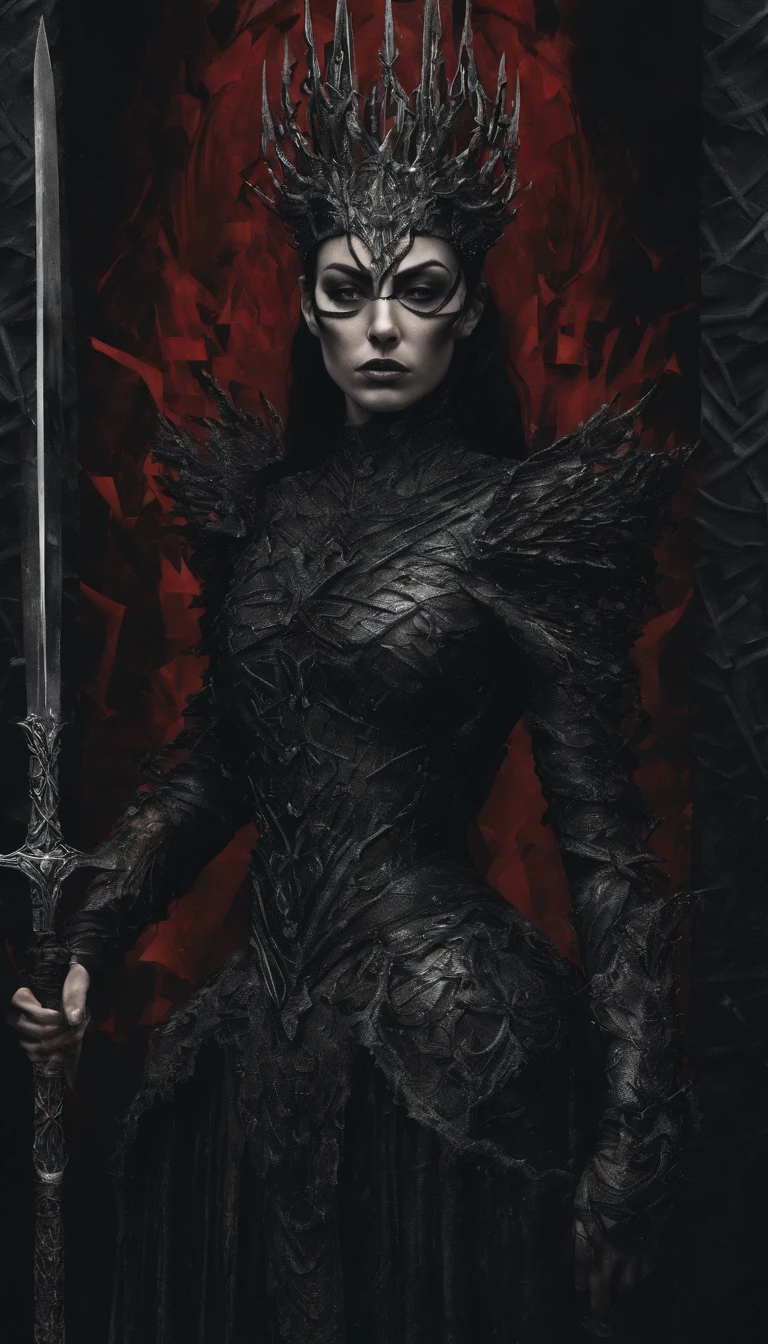 Hela, Deusa da morte, greek mythology, Scarlet witch with a tiara with several blades on her head, Colar de caveiras, Usando um vestido feito com caveiras e laminas, Arte em estilo Guviz, Ross Tran 8 K, uma bela imperatriz fantasia, 8k arte detalhada de alta qualidade, Arte digital altamente detalhada em 4k, Retrato da rainha das trevas, wielding multiple pointed swords, Fundo de cinzas e fogo, pequenos pontos de brasa quente ao fundo, Vestido composto por caveiras e laminas,
