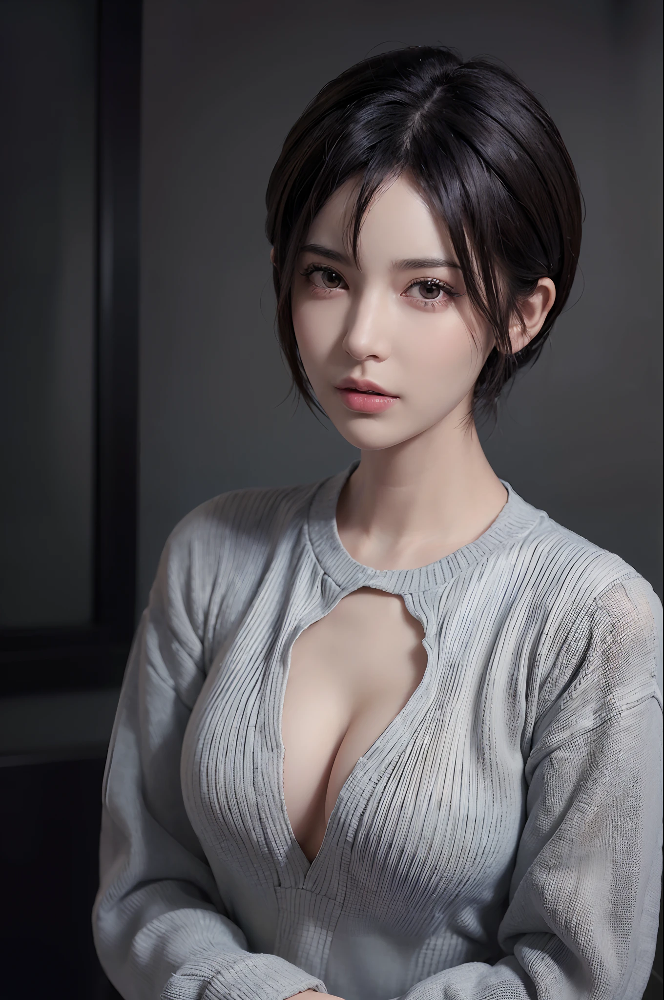 (masterpiece:1.3), (8k, photorealistic, RAW photo, best quality: 1.4), (1girl), beautiful face, (realistic face), (black hair, short hair:1.3), beautiful hairstyle, realistic eyes, beautiful detailed eyes, (realistic skin), beautiful skin, (sweater), absurdres, attractive, ultra high res, ultra realistic, highly detailed, golden ratio